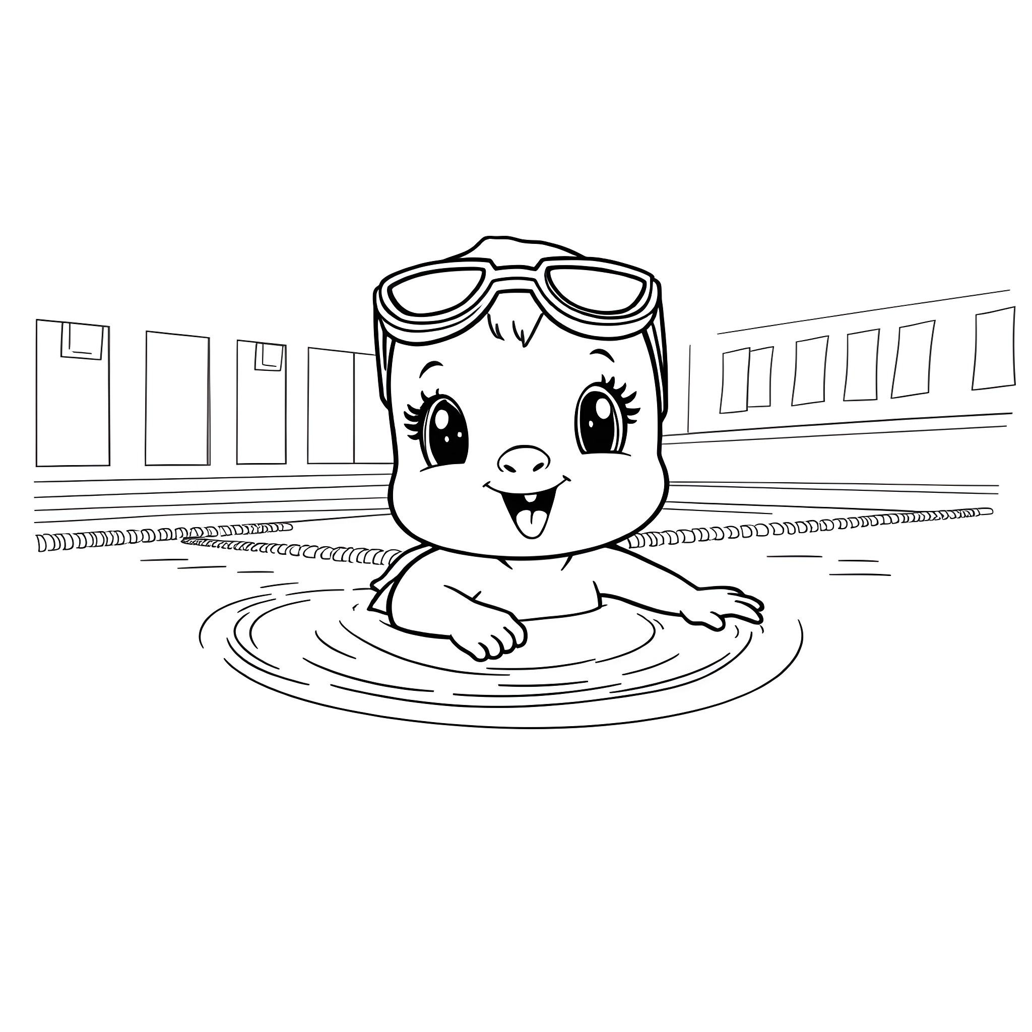 Vanelope swimming joyfully in the pool Coloring Page (free black-and-white line drawing printable PDF for all, from beginners to advanced learners, including children, teens, adults, and seniors)