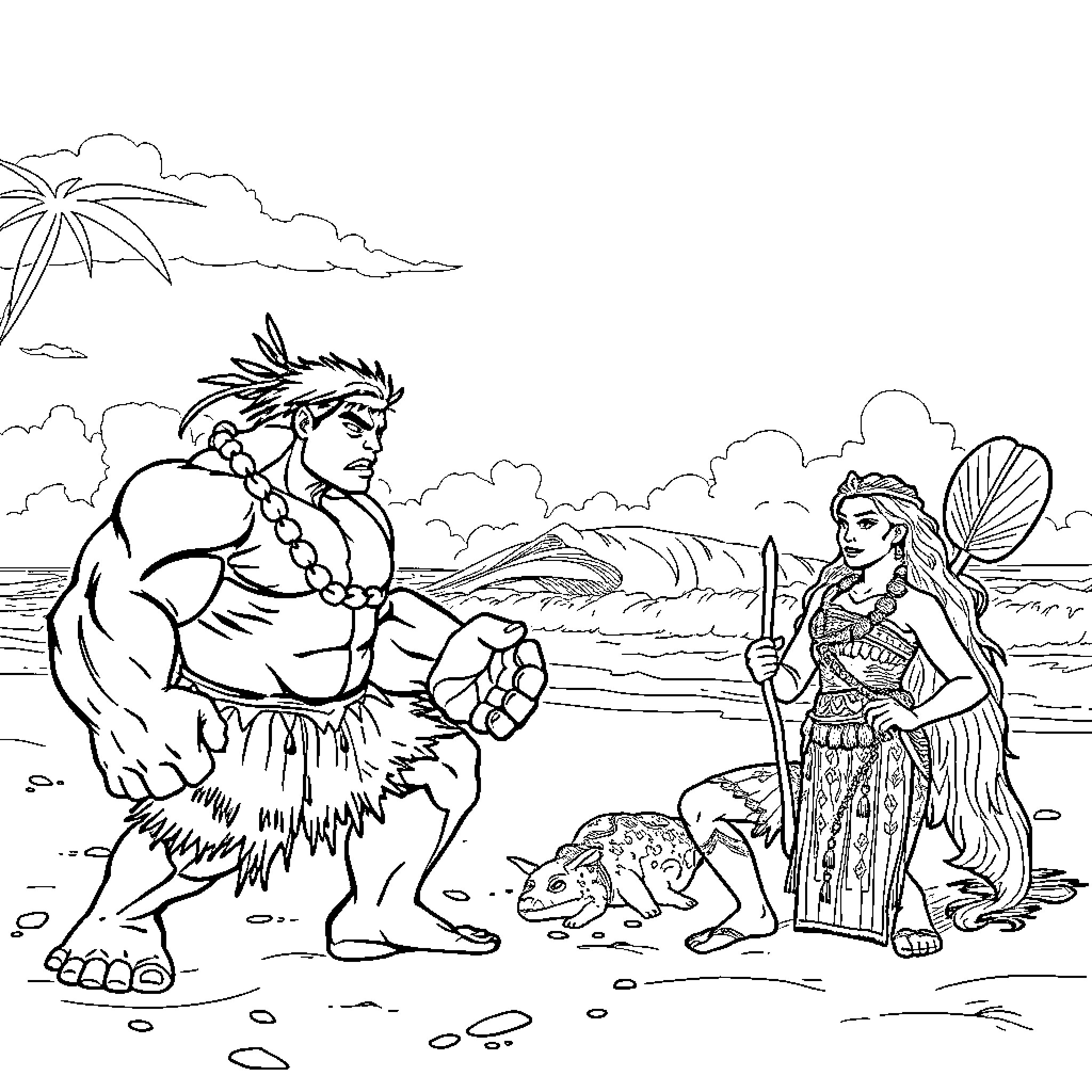 Hulk Encounters Native Tribal Figures in Tropical Setting Coloring Page (free black-and-white line drawing printable PDF for all, from beginners to advanced learners, including children, teens, adults, and seniors)