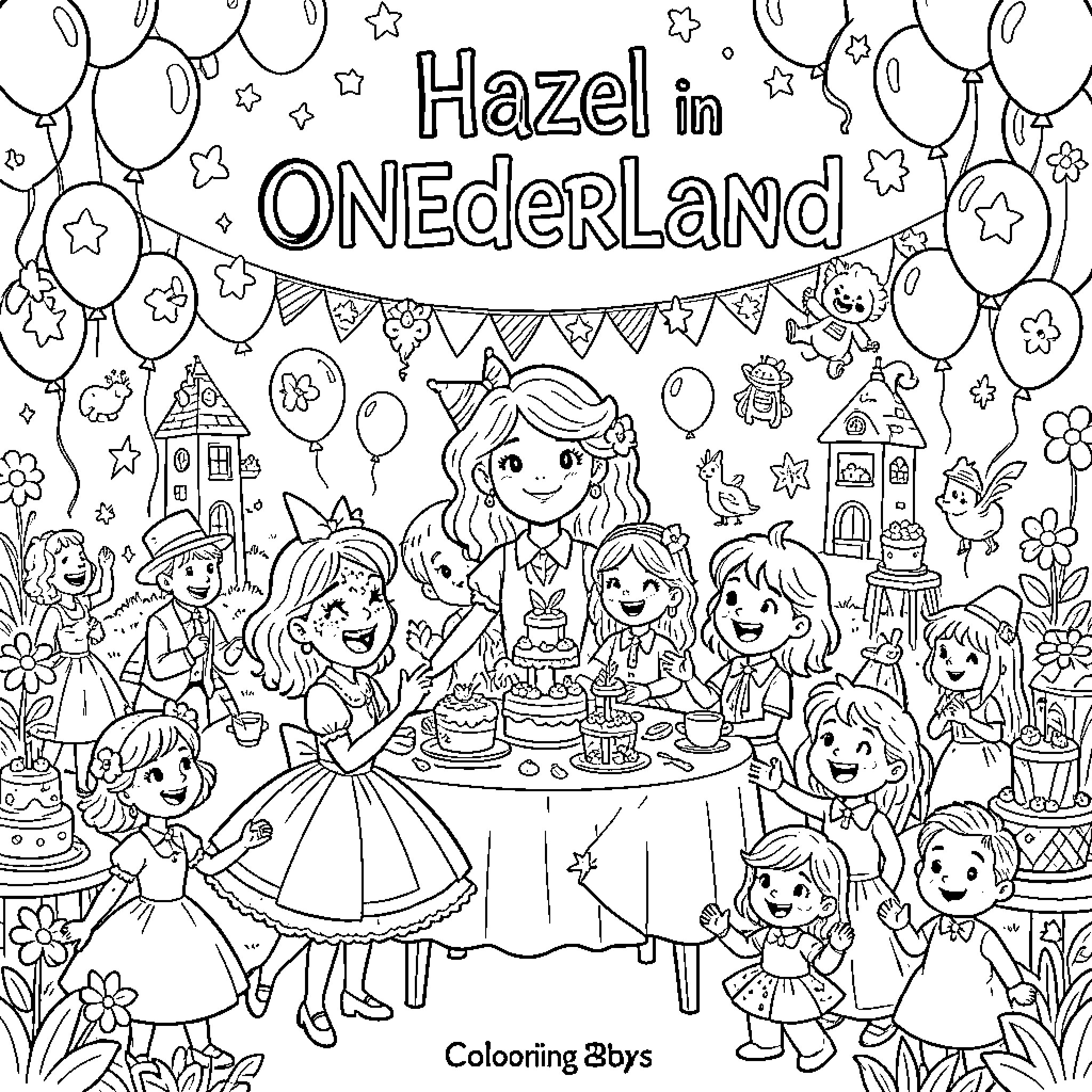 Alice's Colorful Birthday Party in Onederland Coloring Page (free black-and-white line drawing printable PDF for all, from beginners to advanced learners, including children, teens, adults, and seniors)