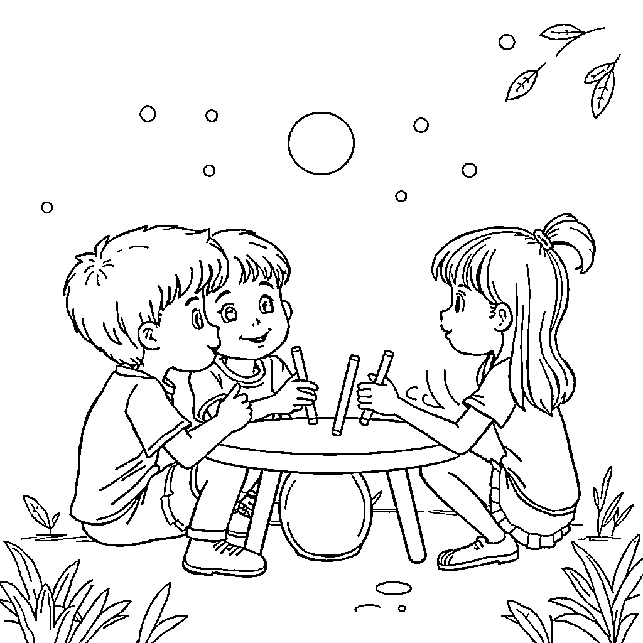Preschool Rules: Friends Sharing a Snack Outdoors Coloring Page (free black-and-white line drawing printable PDF for all, from beginners to advanced learners, including children, teens, adults, and seniors)