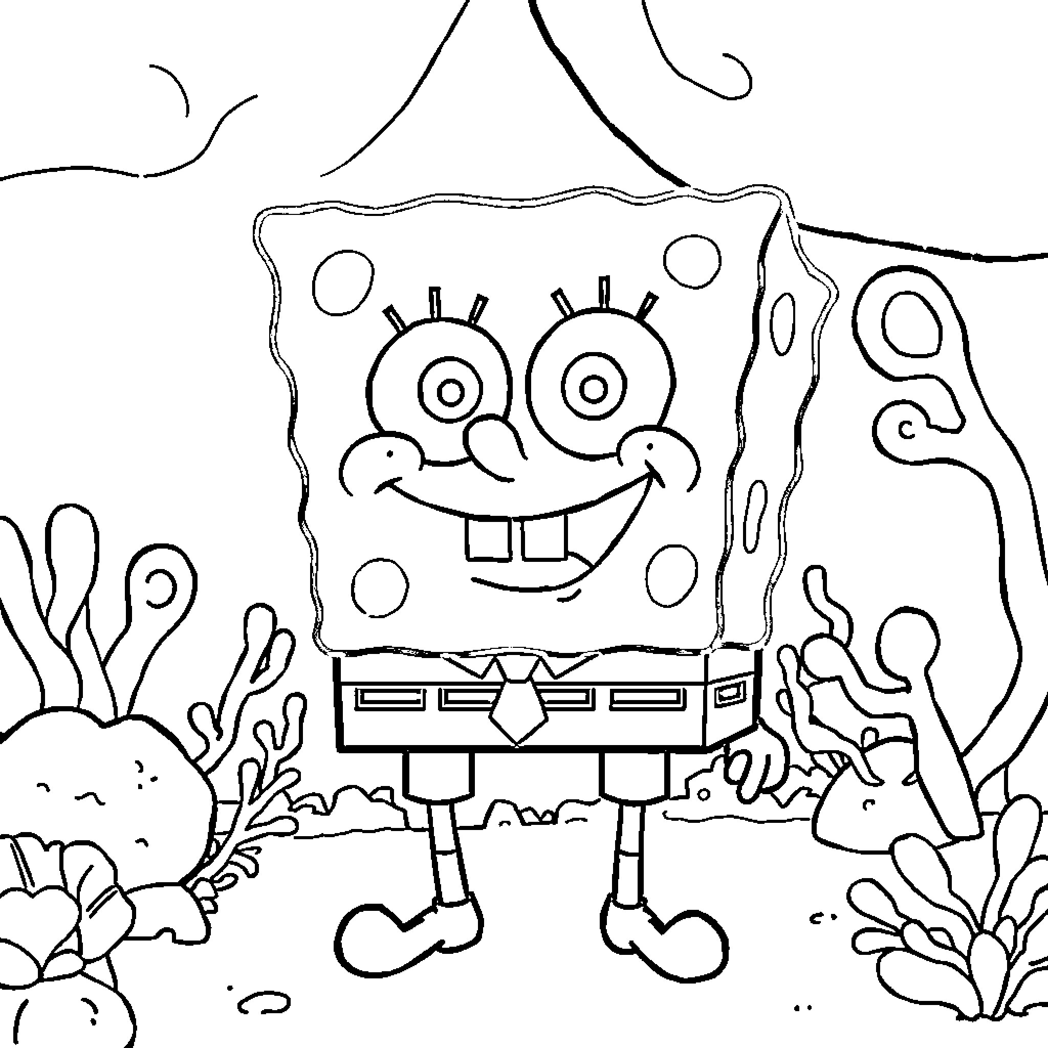 Spongebob in an underwater scene Coloring Page (free black-and-white line drawing printable PDF for all, from beginners to advanced learners, including children, teens, adults, and seniors)