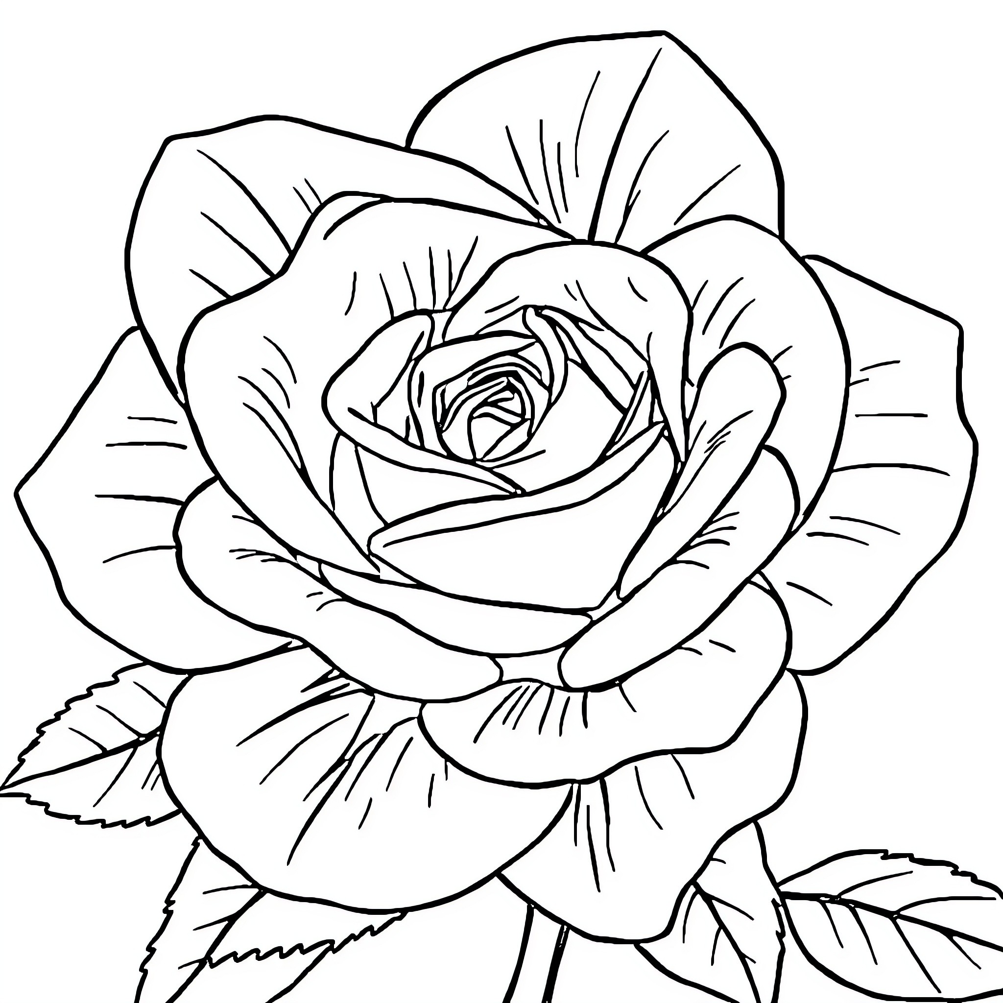 Rose in Bloom Coloring Page (free black-and-white line drawing printable PDF for all, from beginners to advanced learners, including children, teens, adults, and seniors)