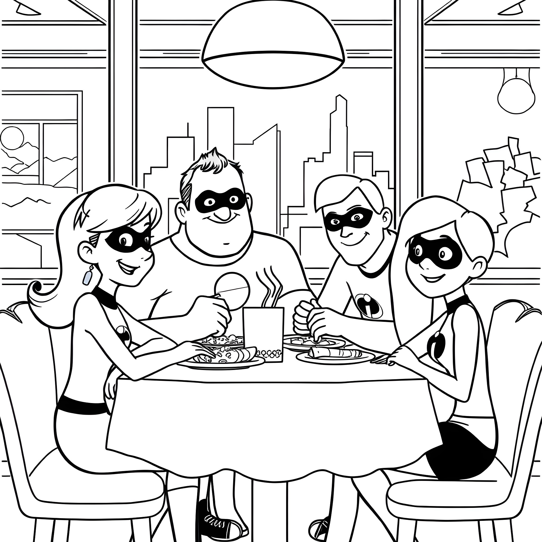 Incredible Family Dining with City View Coloring Page (free black-and-white line drawing printable PDF for all, from beginners to advanced learners, including children, teens, adults, and seniors)