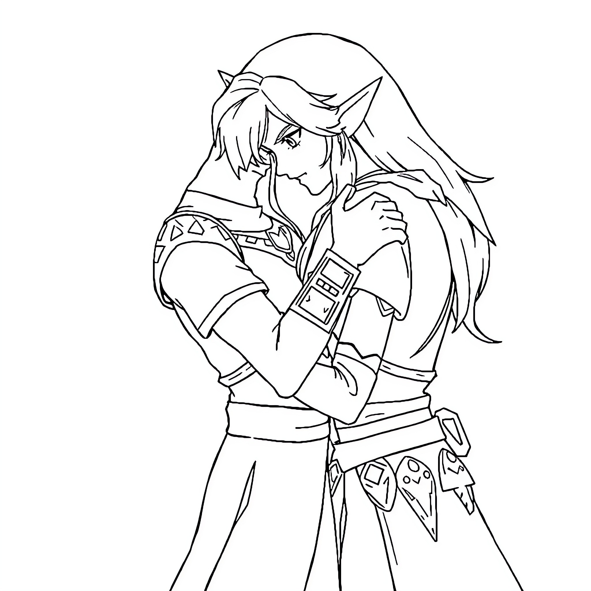 Link standing heroically with adventurous attire Coloring Page (free black-and-white line drawing printable PDF for all, from beginners to advanced learners, including children, teens, adults, and seniors)