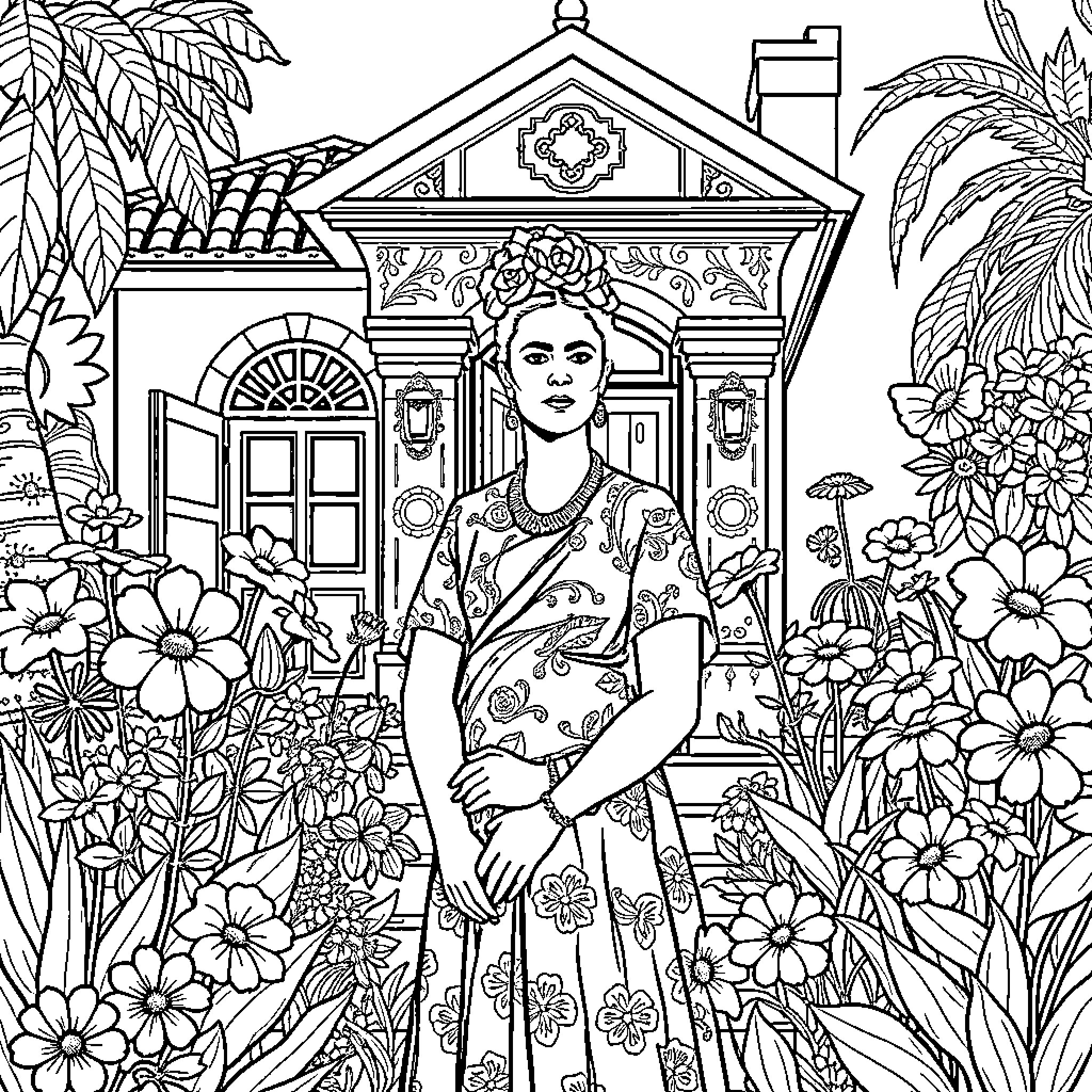 Frida Kahlo in her vibrant garden Coloring Page (free black-and-white line drawing printable PDF for all, from beginners to advanced learners, including children, teens, adults, and seniors)