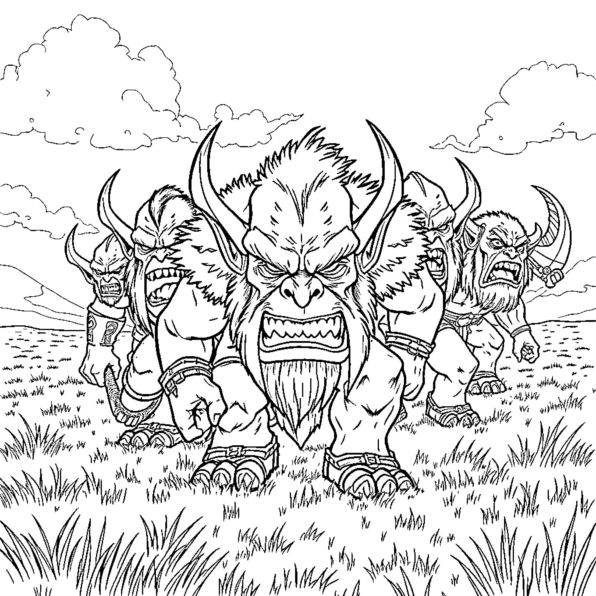 Orc warriors in fierce battle formation Coloring Page (free black-and-white line drawing printable PDF for all, from beginners to advanced learners, including children, teens, adults, and seniors)