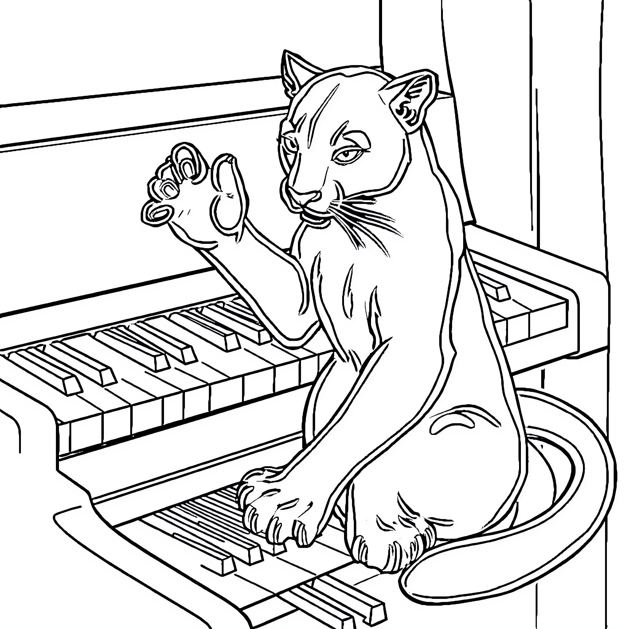 Panther playing music on a keyboard Coloring Page (free black-and-white line drawing printable PDF for all, from beginners to advanced learners, including children, teens, adults, and seniors)
