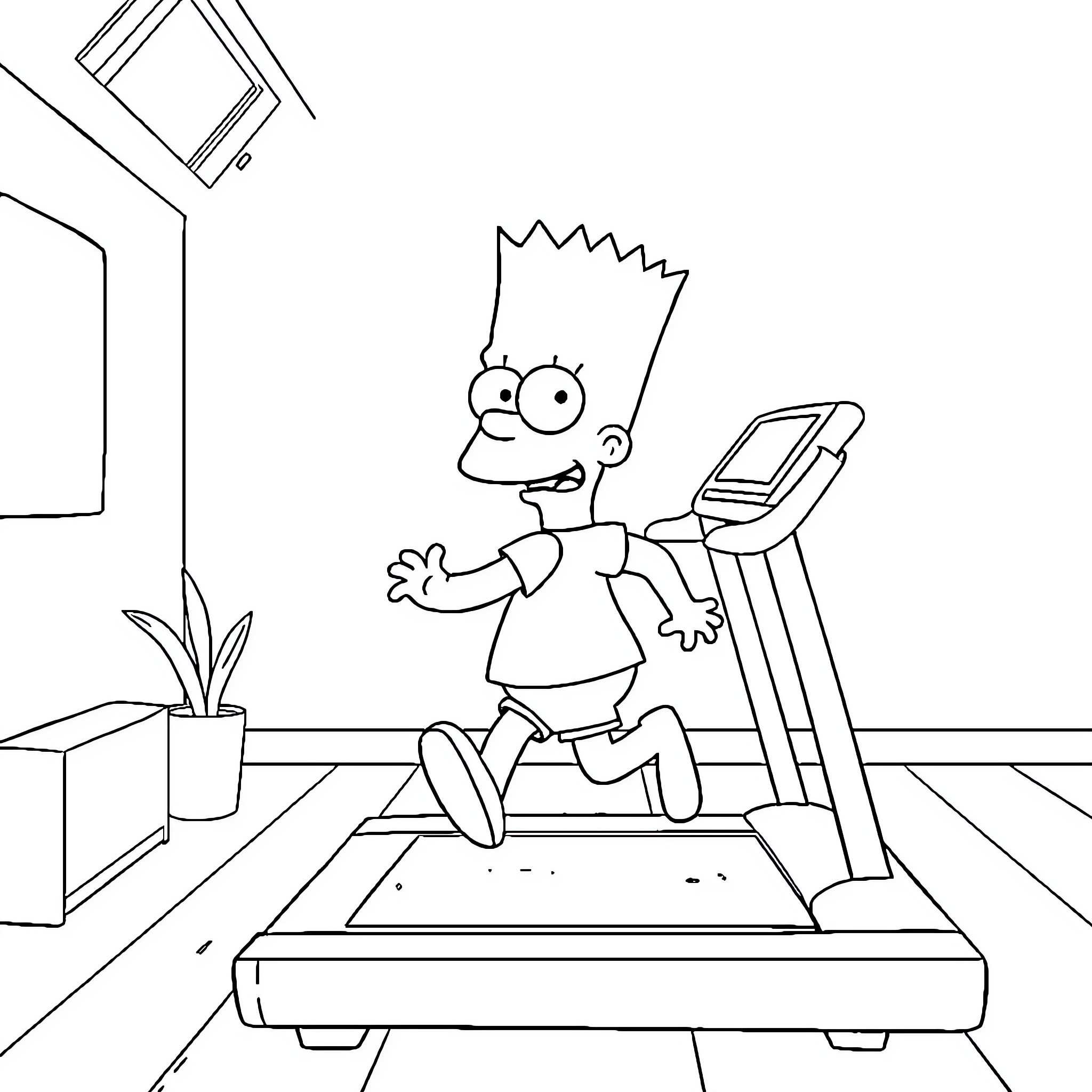 Bart Simpson exercising on a treadmill Coloring Page (free black-and-white line drawing printable PDF for all, from beginners to advanced learners, including children, teens, adults, and seniors)
