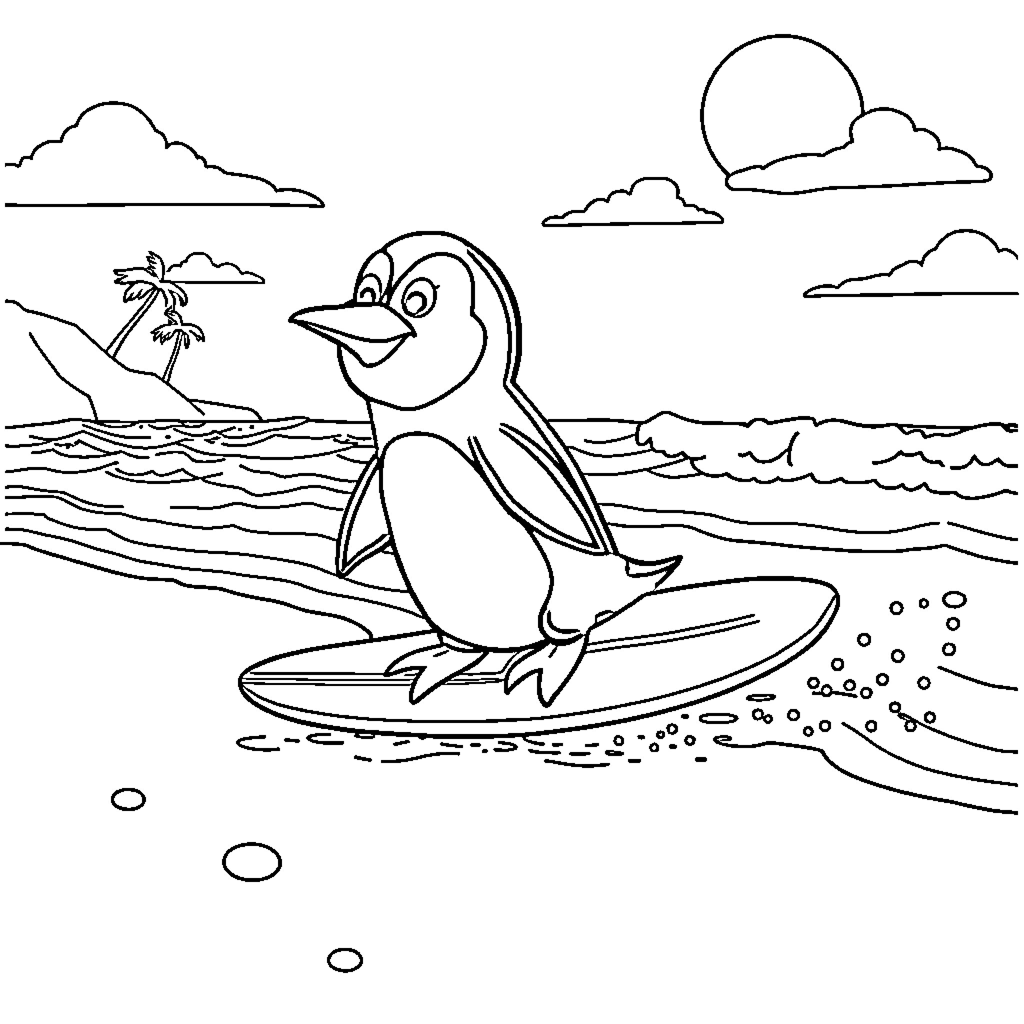 Penguin surfing on the waves Coloring Page (free black-and-white line drawing printable PDF for all, from beginners to advanced learners, including children, teens, adults, and seniors)