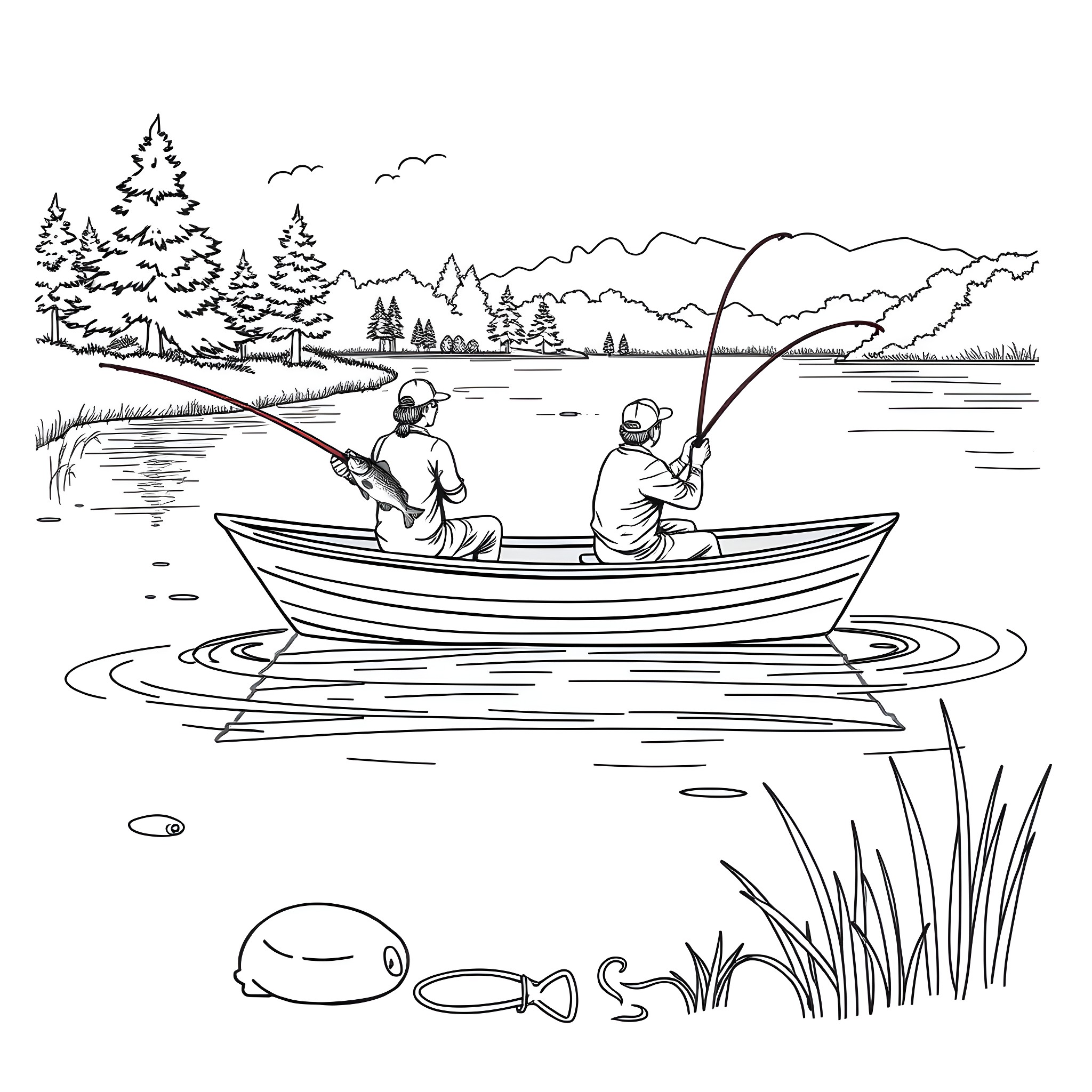 People fishing on a boat in a lake Coloring Page (free black-and-white line drawing printable PDF for all, from beginners to advanced learners, including children, teens, adults, and seniors)