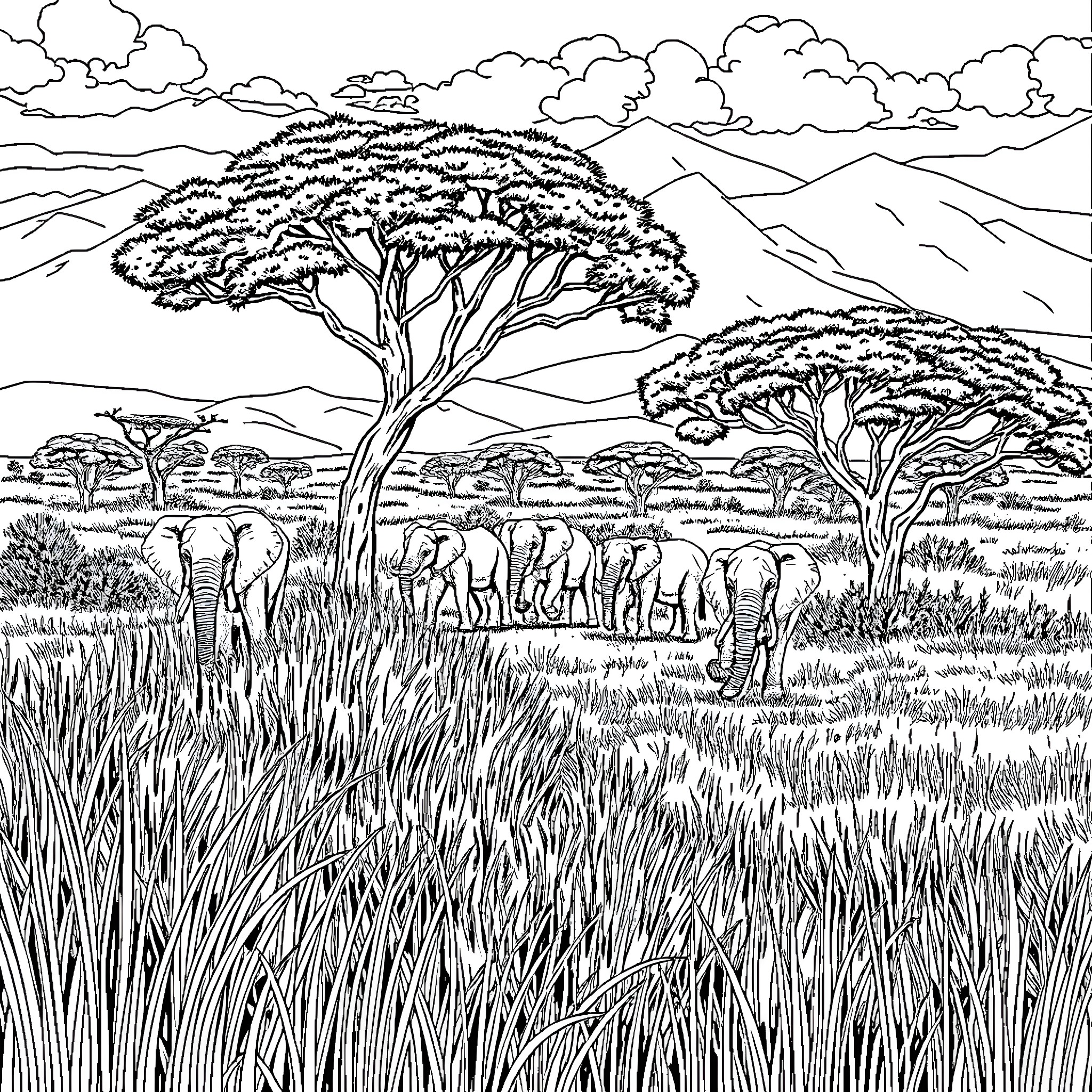 Safari Landscape with Elephants and Acacia Trees Coloring Page (free black-and-white line drawing printable PDF for all, from beginners to advanced learners, including children, teens, adults, and seniors)