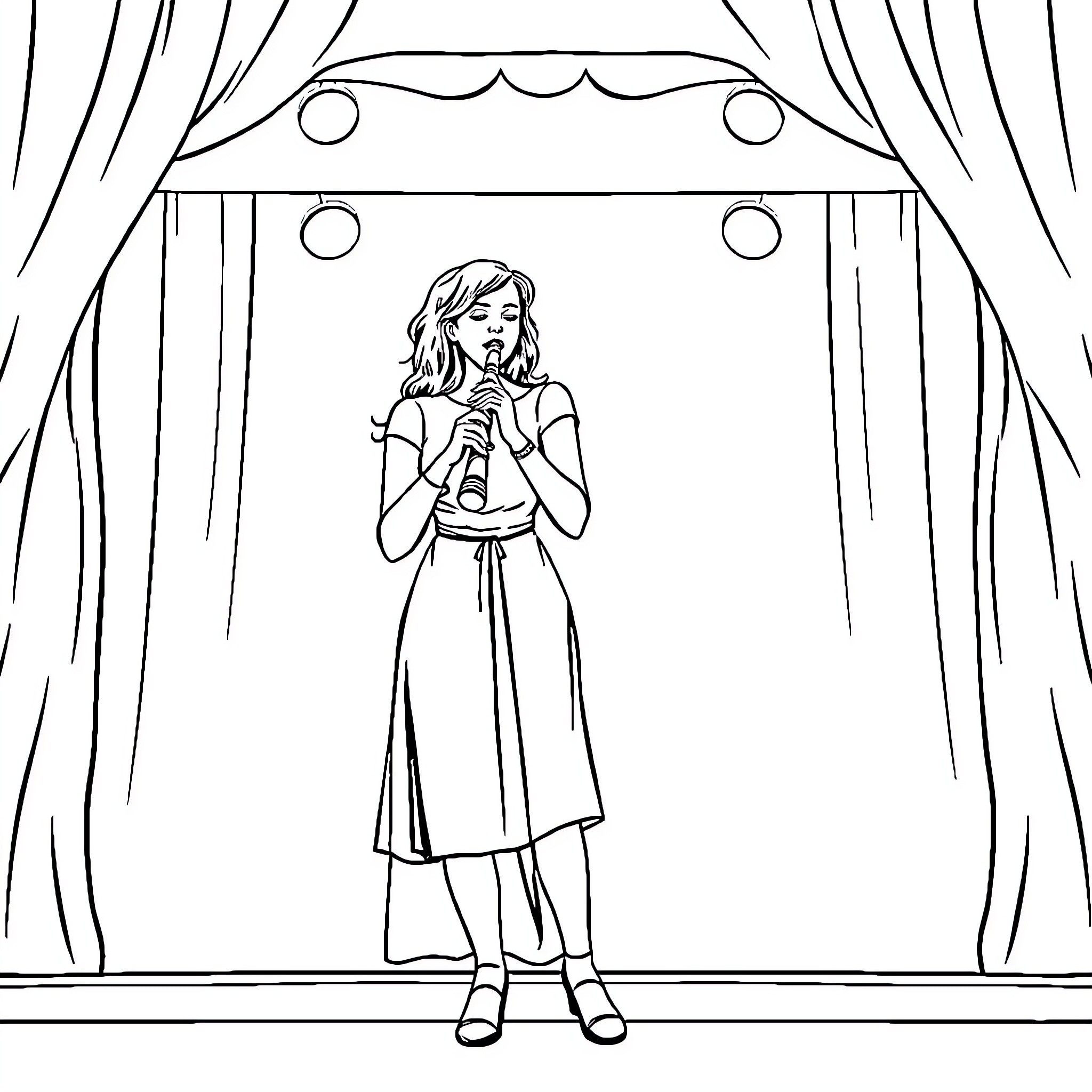 Woman performing on stage with microphone Coloring Page (free black-and-white line drawing printable PDF for all, from beginners to advanced learners, including children, teens, adults, and seniors)