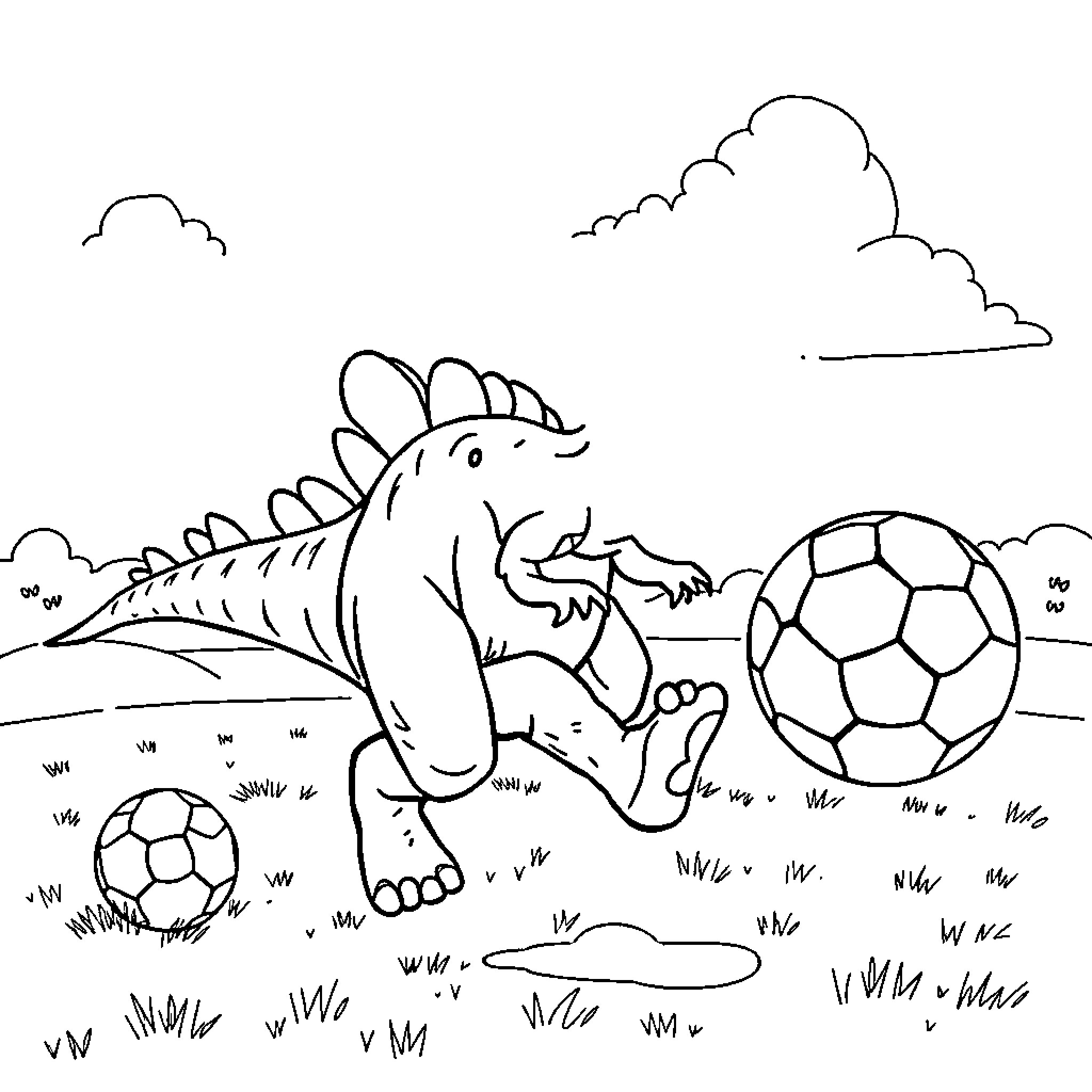 Dinosaur playing with soccer balls in a field Coloring Page (free black-and-white line drawing printable PDF for all, from beginners to advanced learners, including children, teens, adults, and seniors)