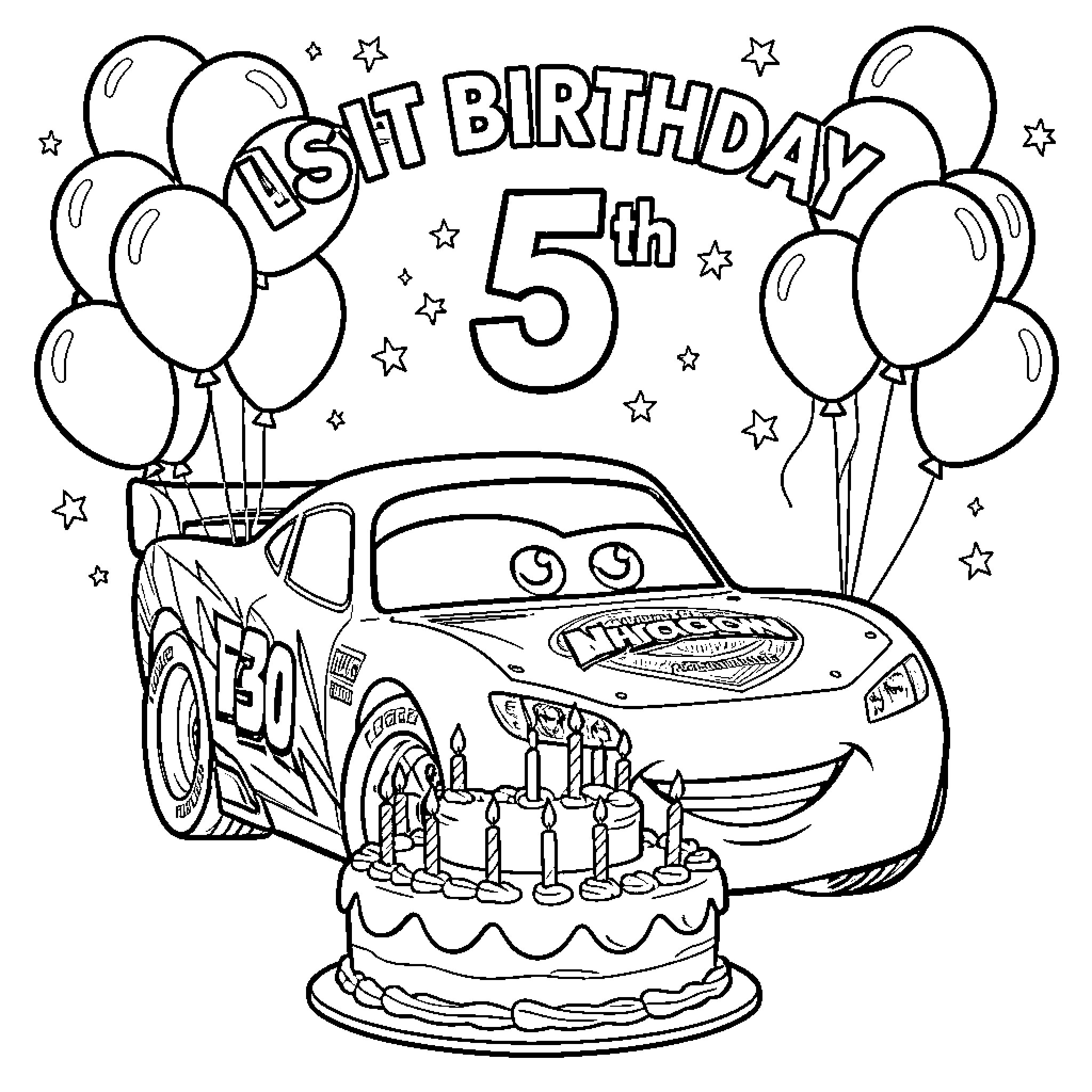 Lightning McQueen's 5th Birthday Celebration Coloring Page (free black-and-white line drawing printable PDF for all, from beginners to advanced learners, including children, teens, adults, and seniors)