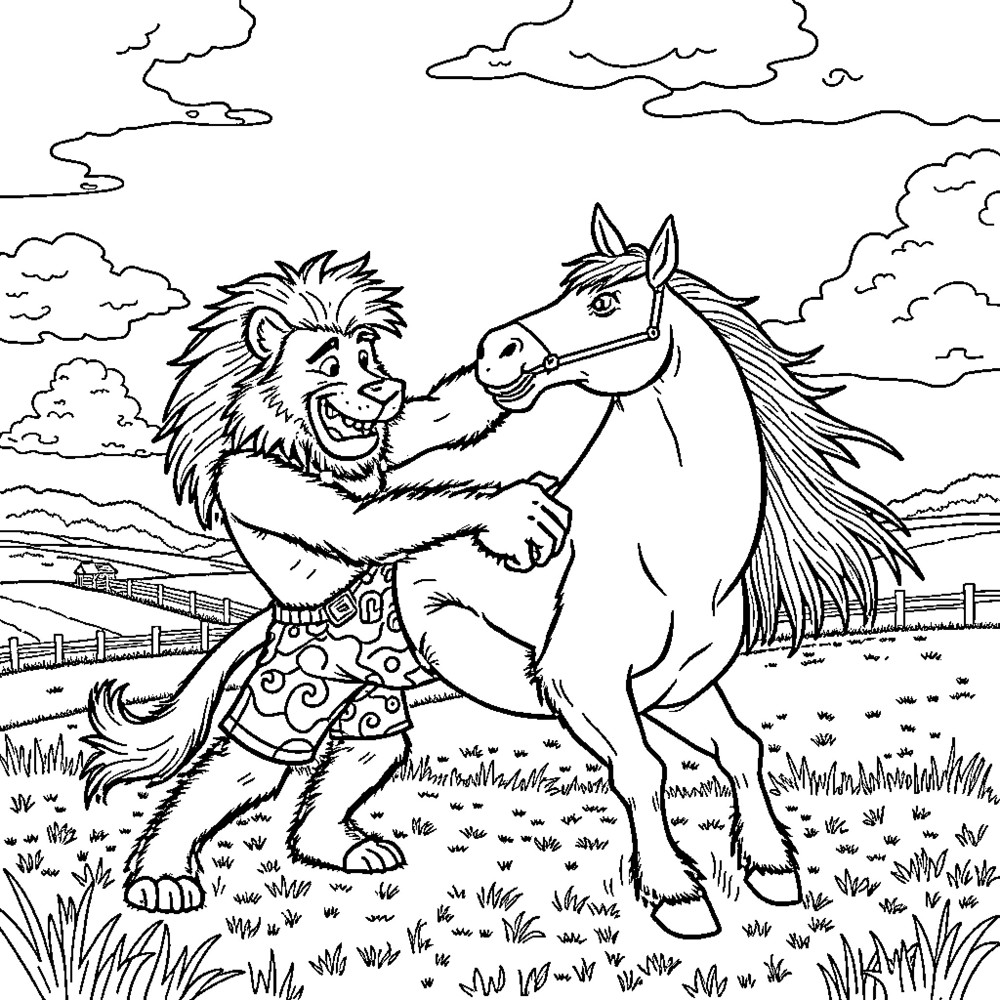 Lion and horse playing in a field Coloring Page (free black-and-white line drawing printable PDF for all, from beginners to advanced learners, including children, teens, adults, and seniors)