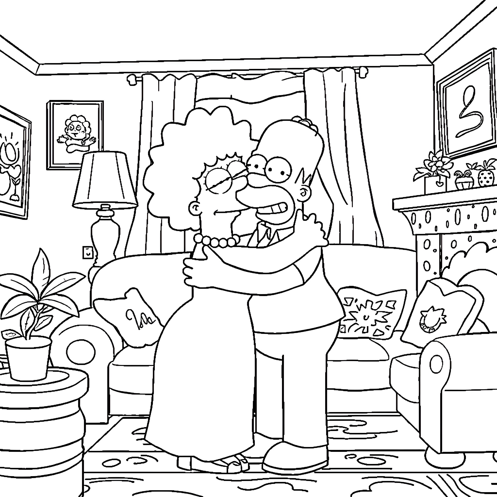 Marge Simpson embracing Homer in their living room Coloring Page (free black-and-white line drawing printable PDF for all, from beginners to advanced learners, including children, teens, adults, and seniors)