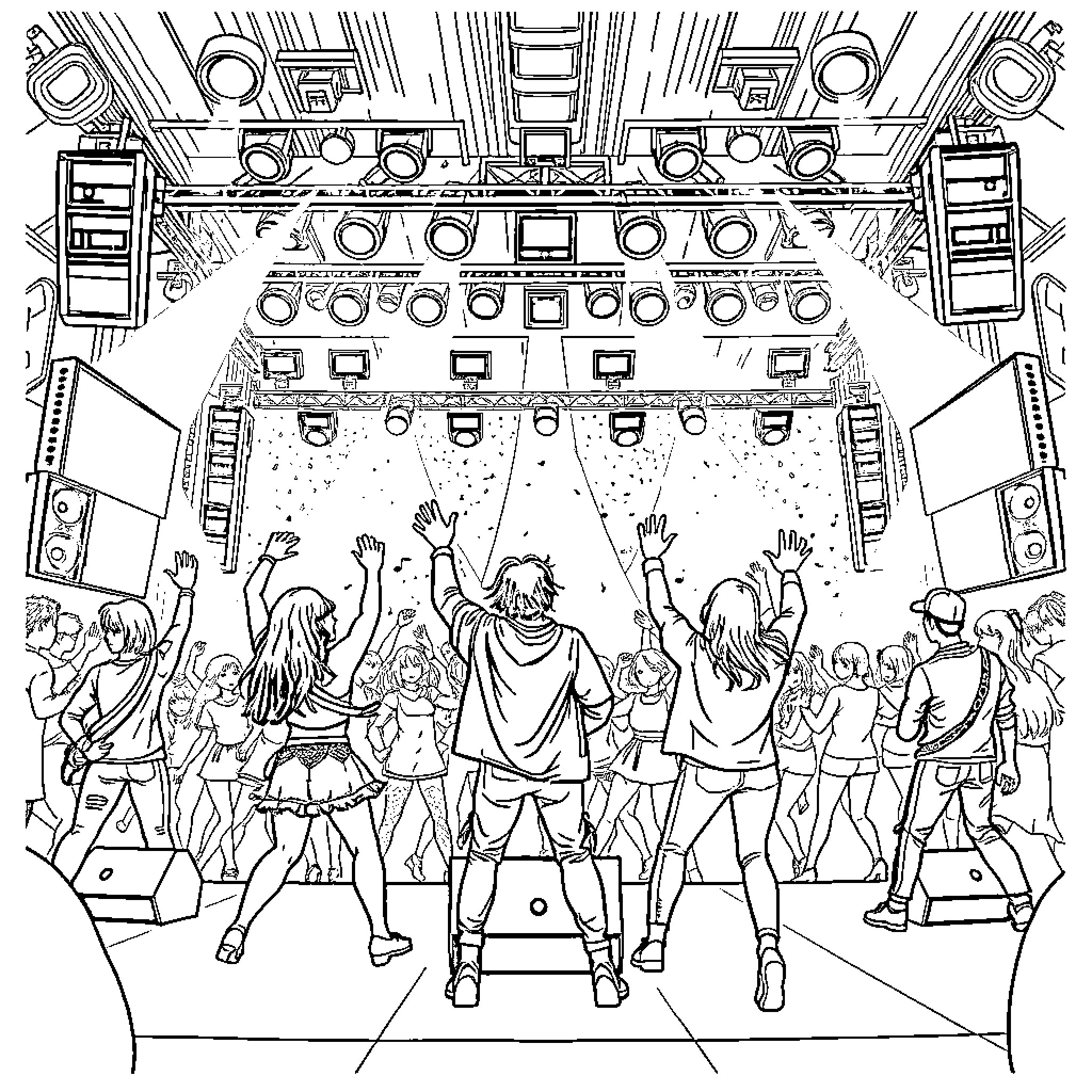 K Pop Performers Excite Crowd on Stage Coloring Page (free black-and-white line drawing printable PDF for all, from beginners to advanced learners, including children, teens, adults, and seniors)