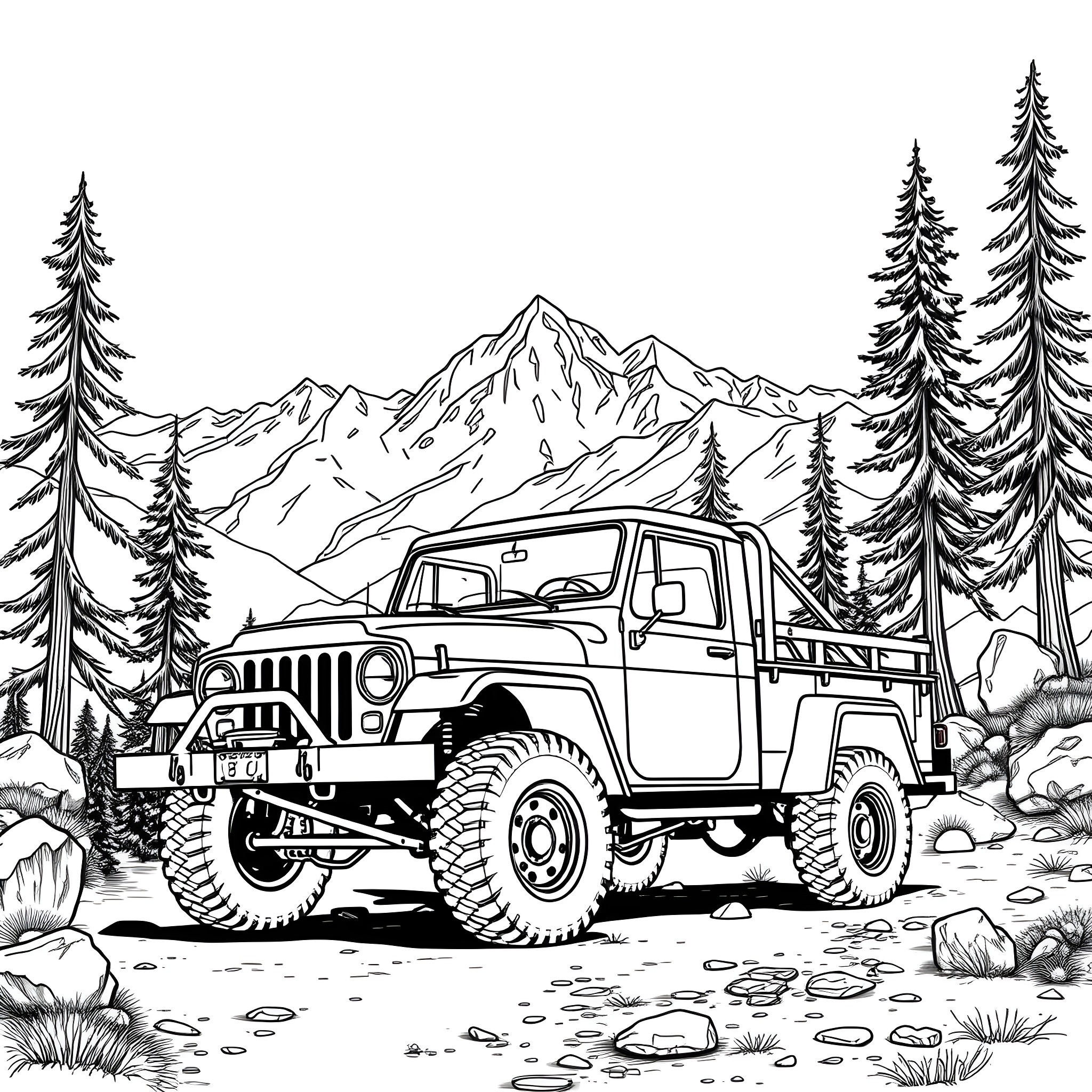 Truck exploring rugged mountain terrain Coloring Page (free black-and-white line drawing printable PDF for all, from beginners to advanced learners, including children, teens, adults, and seniors)