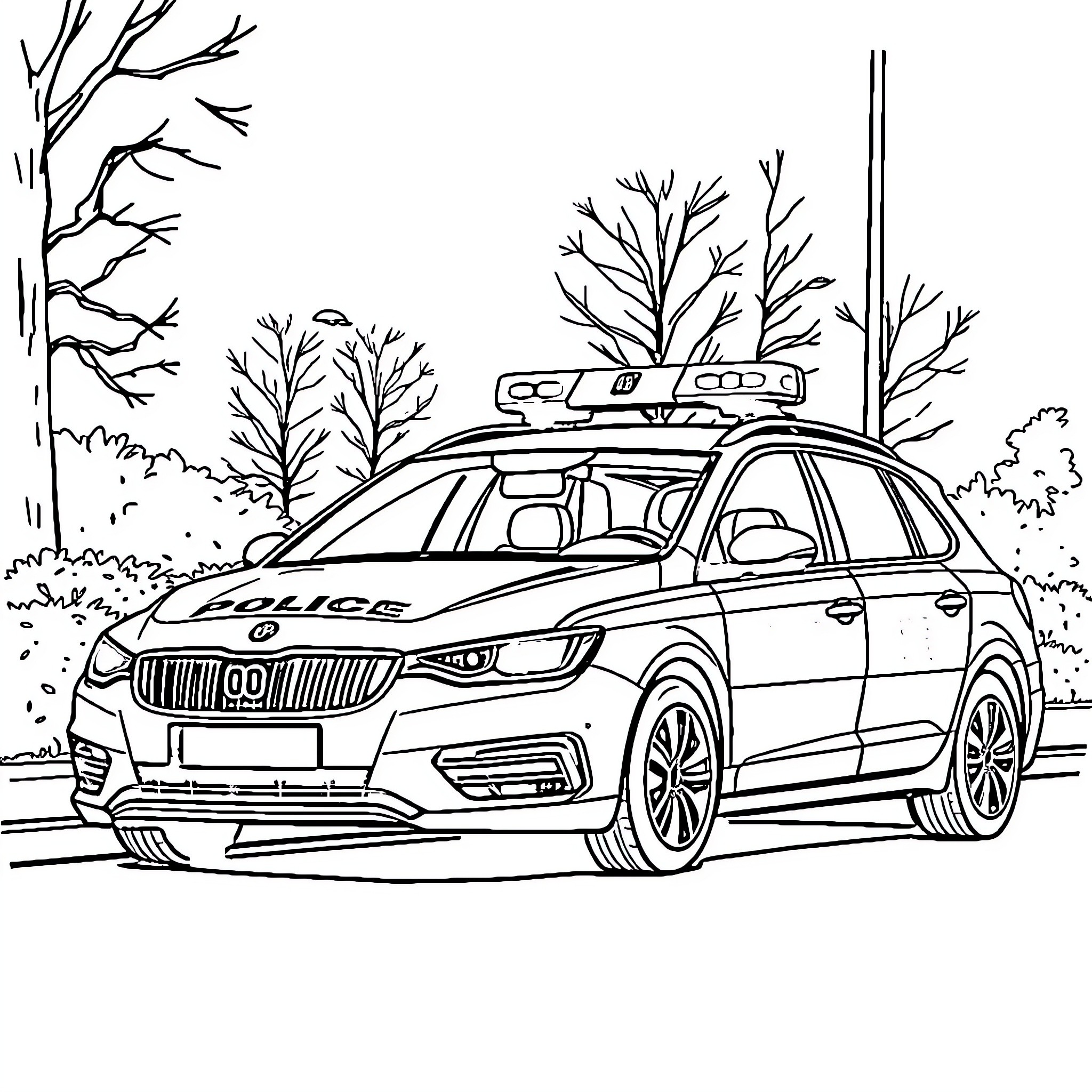 Police Car Patrolling Winter Landscape Coloring Page (free black-and-white line drawing printable PDF for all, from beginners to advanced learners, including children, teens, adults, and seniors)