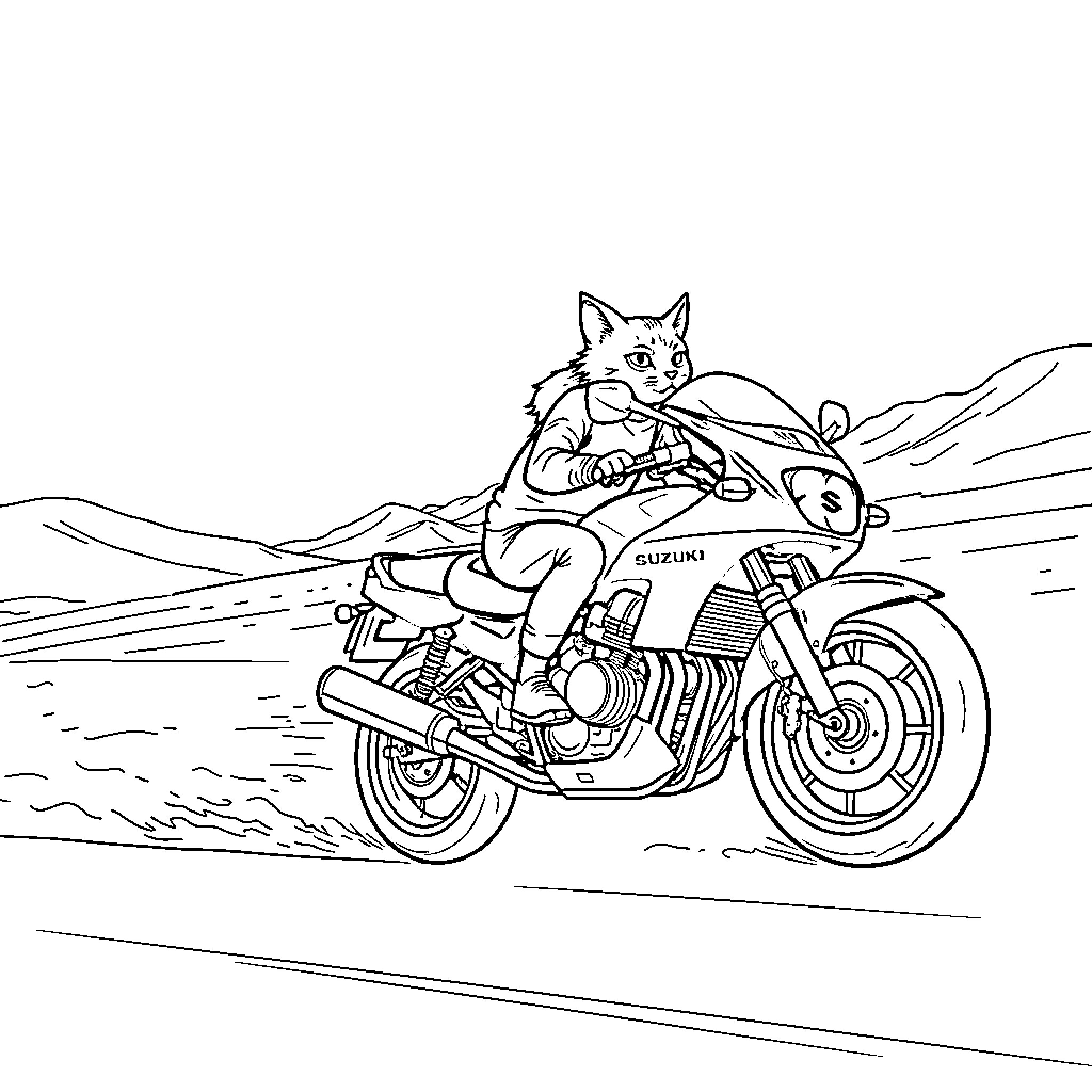 Cat riding motorcycle through the countryside Coloring Page (free black-and-white line drawing printable PDF for all, from beginners to advanced learners, including children, teens, adults, and seniors)