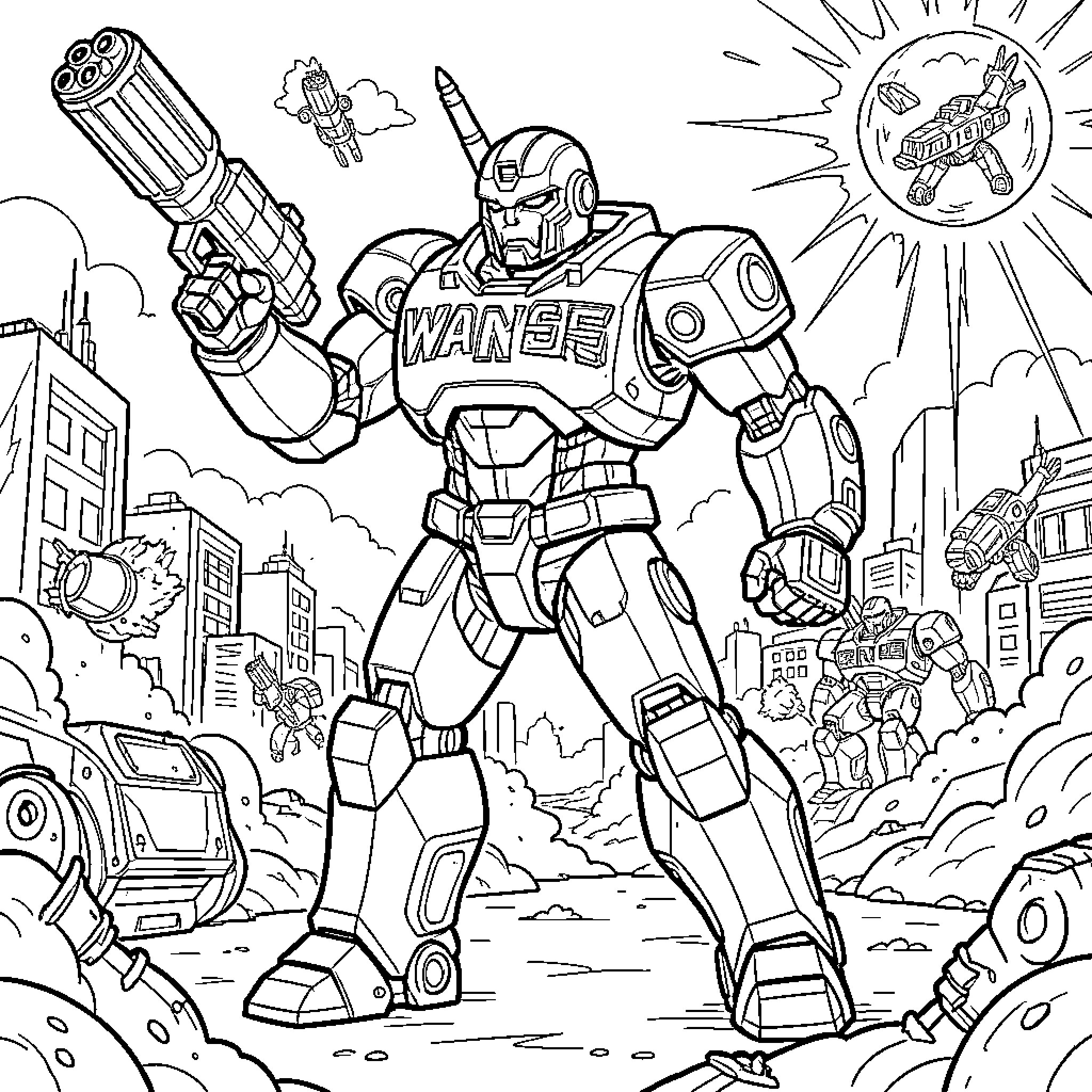 War Machine Conquers the Battlefield Coloring Page (free black-and-white line drawing printable PDF for all, from beginners to advanced learners, including children, teens, adults, and seniors)