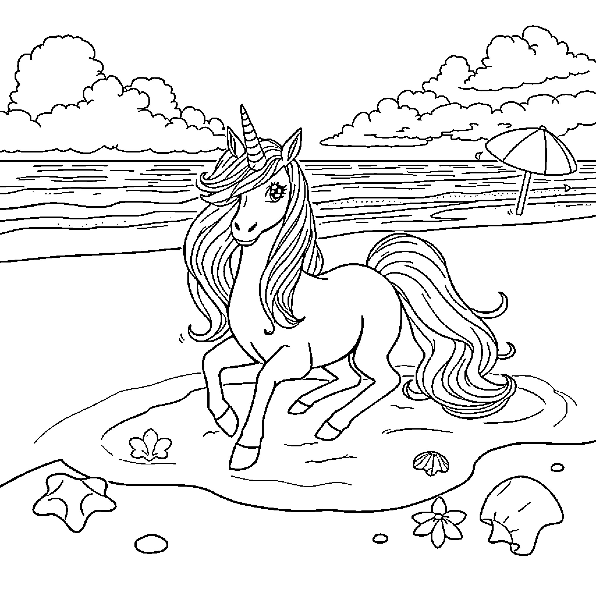 Unicorn frolicking on the beach with a parasol Coloring Page (free black-and-white line drawing printable PDF for all, from beginners to advanced learners, including children, teens, adults, and seniors)