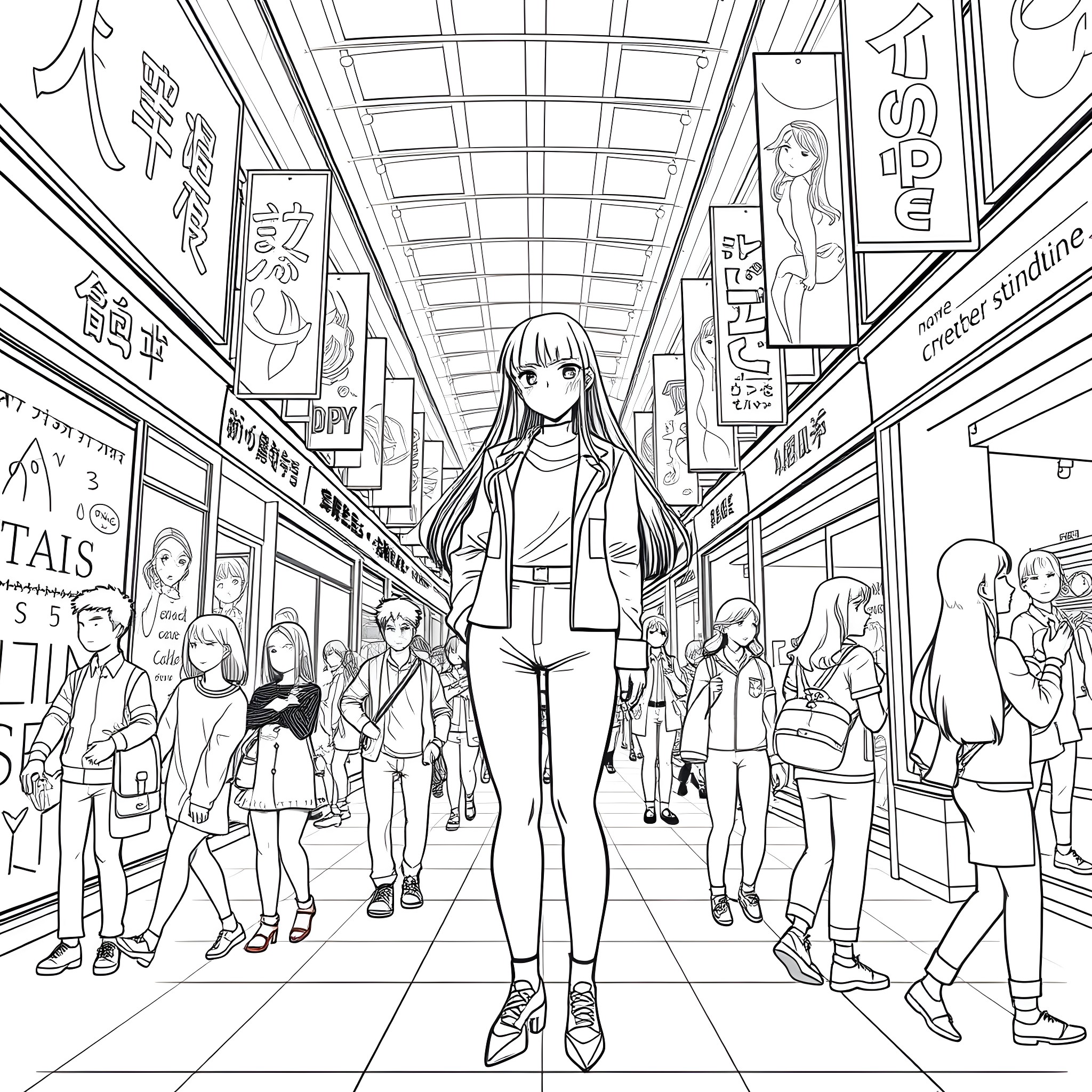 Sae Itoshi's Lively Street Scene Adventure Coloring Page (free black-and-white line drawing printable PDF for all, from beginners to advanced learners, including children, teens, adults, and seniors)
