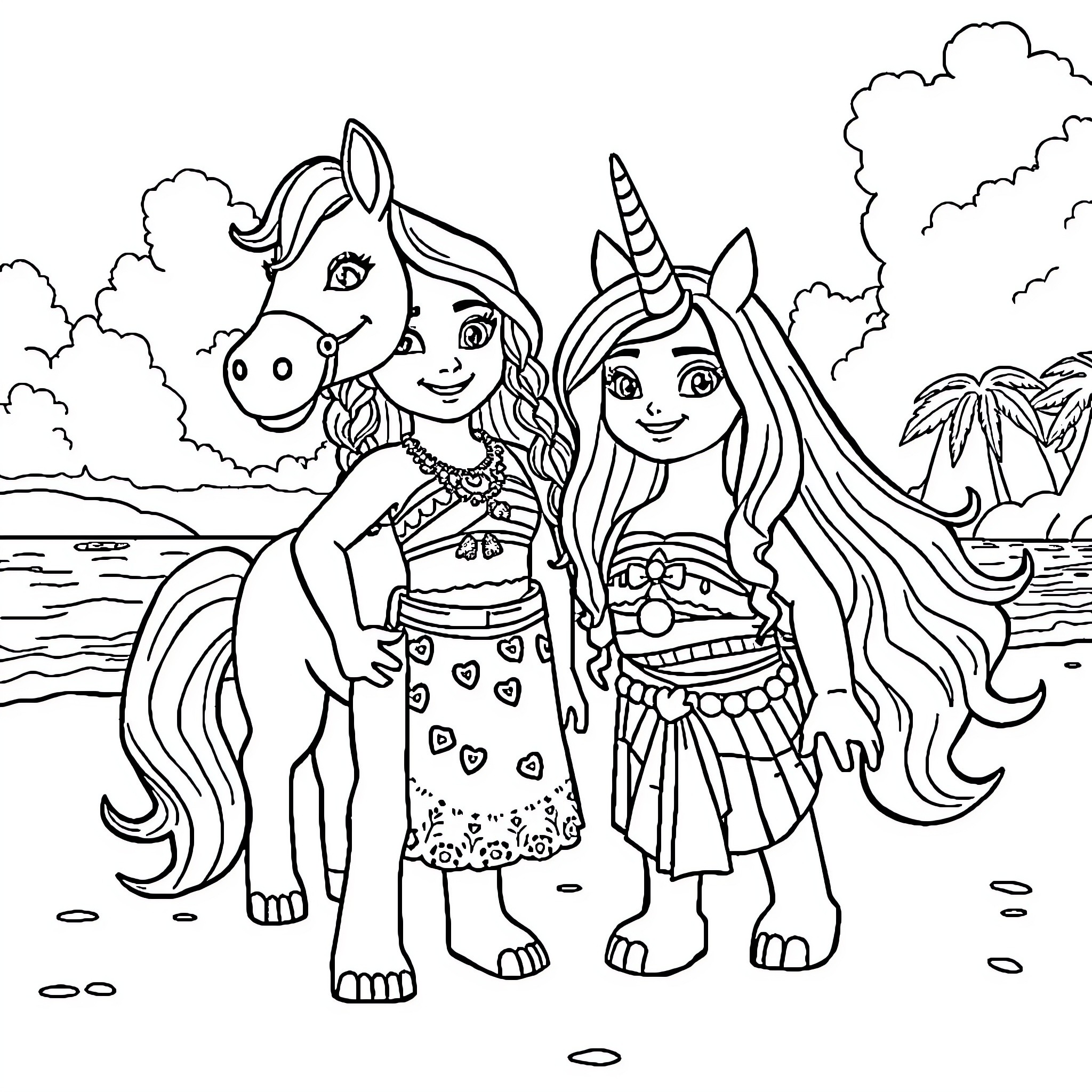 Moana and her unicorn friends on the beach Coloring Page (free black-and-white line drawing printable PDF for all, from beginners to advanced learners, including children, teens, adults, and seniors)