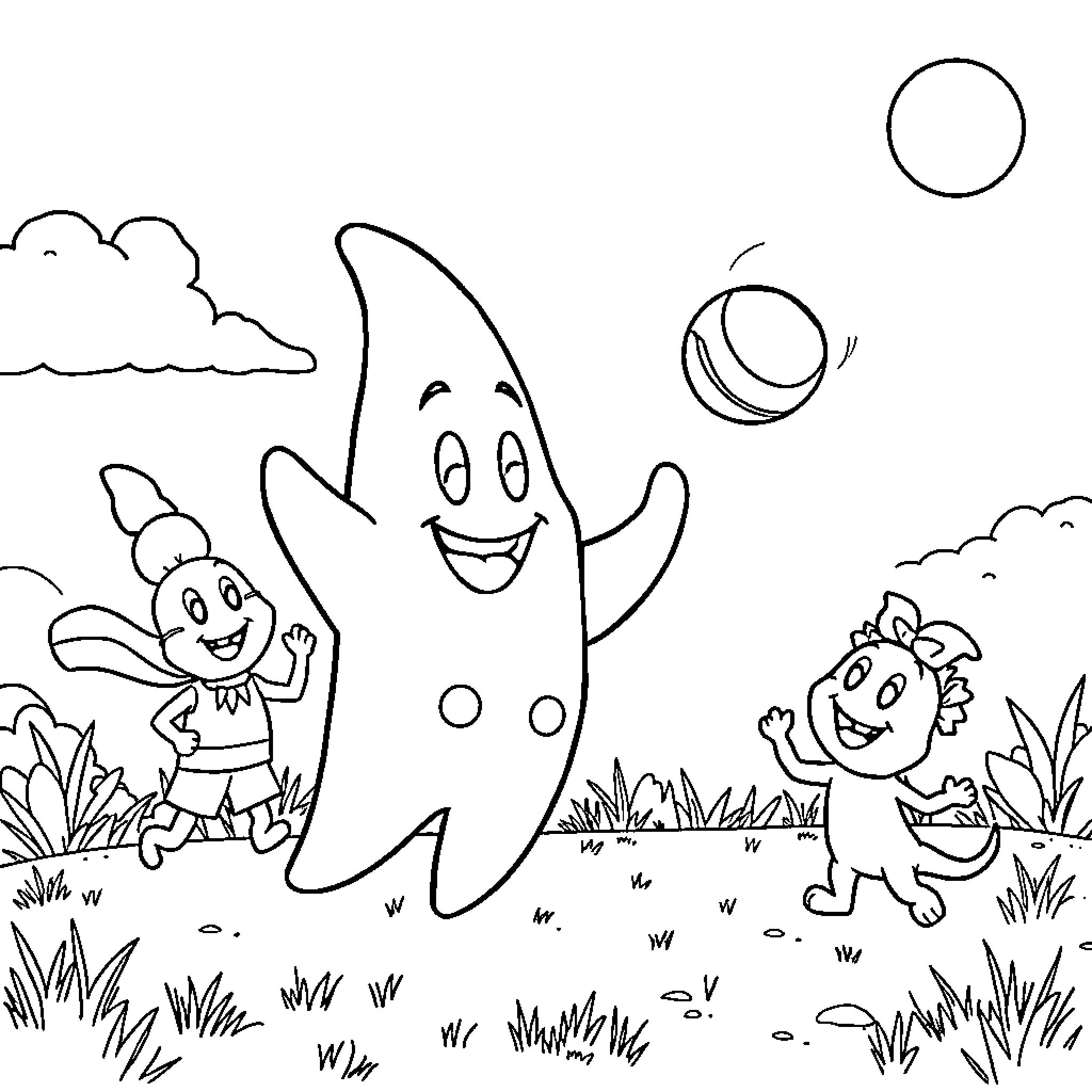Patrick's Playful Adventure with Friends in the Outdoors Coloring Page (free black-and-white line drawing printable PDF for all, from beginners to advanced learners, including children, teens, adults, and seniors)