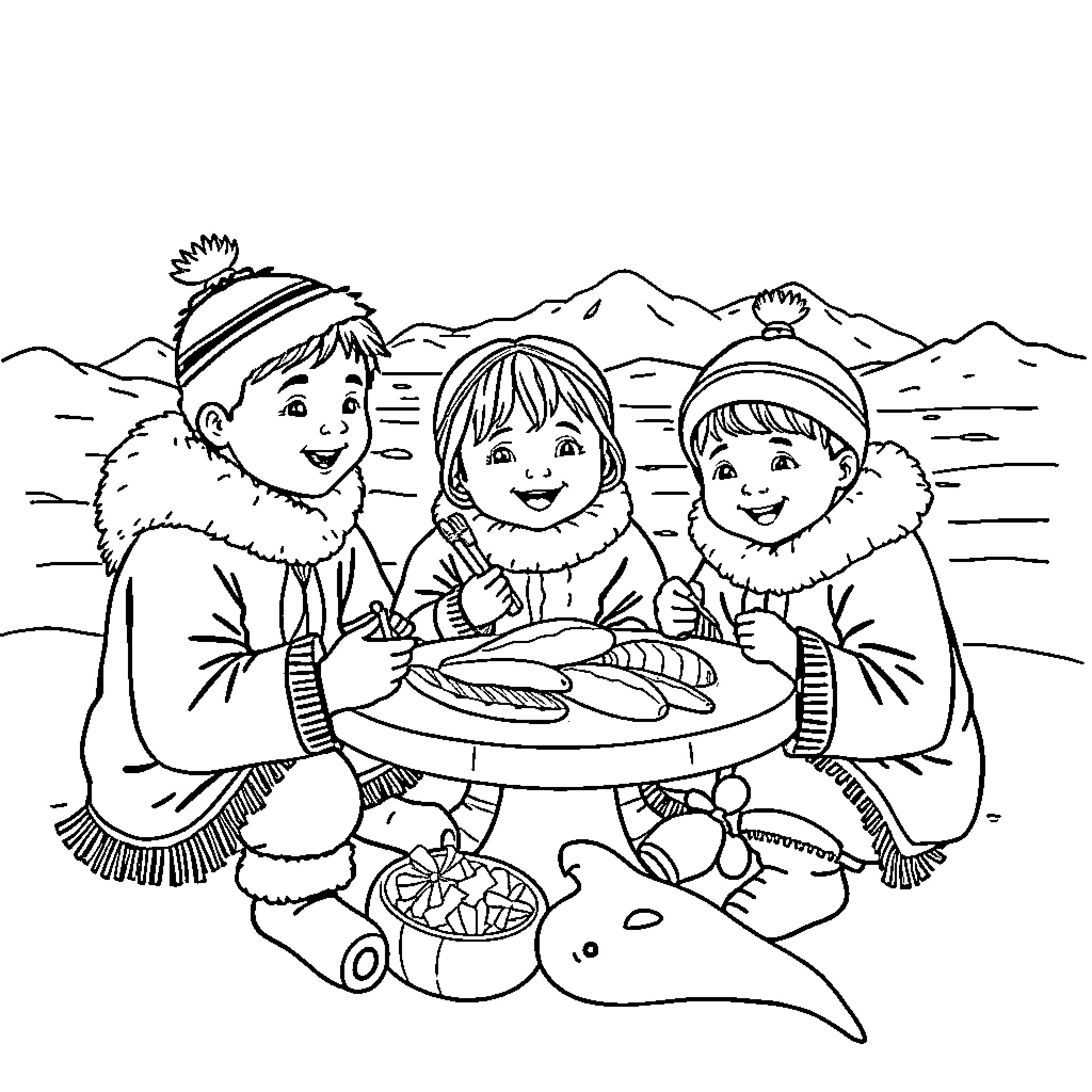Inuit Children Sharing a Warm Meal in the Arctic Coloring Page (free black-and-white line drawing printable PDF for all, from beginners to advanced learners, including children, teens, adults, and seniors)