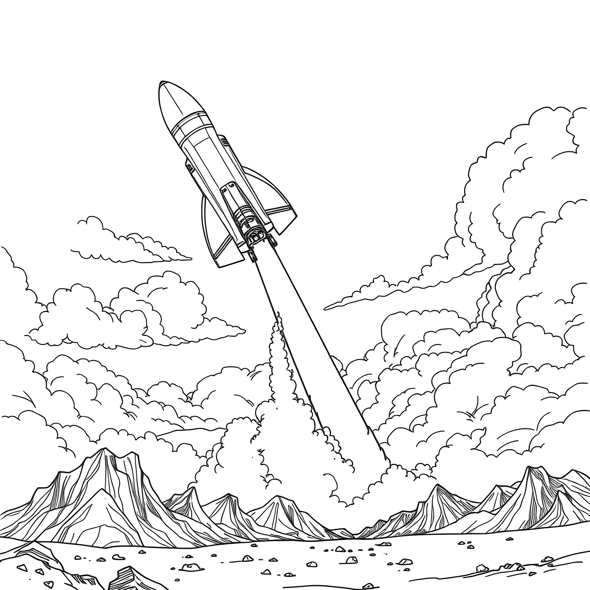 Starship blasting off in the cloudy sky Coloring Page (free black-and-white line drawing printable PDF for all, from beginners to advanced learners, including children, teens, adults, and seniors)