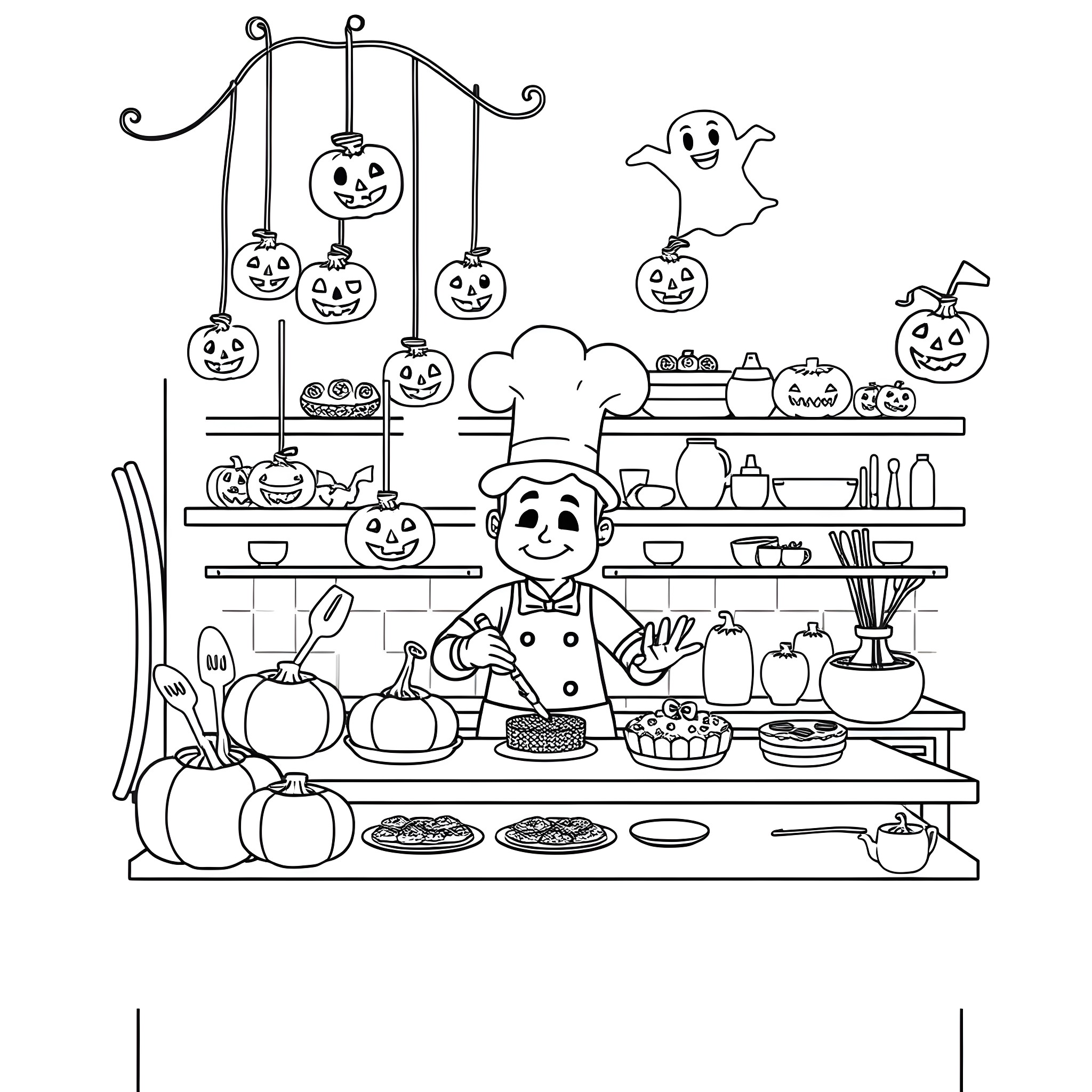Kawaii Chef Cooking Festive Treats in the Kitchen Coloring Page (free black-and-white line drawing printable PDF for all, from beginners to advanced learners, including children, teens, adults, and seniors)
