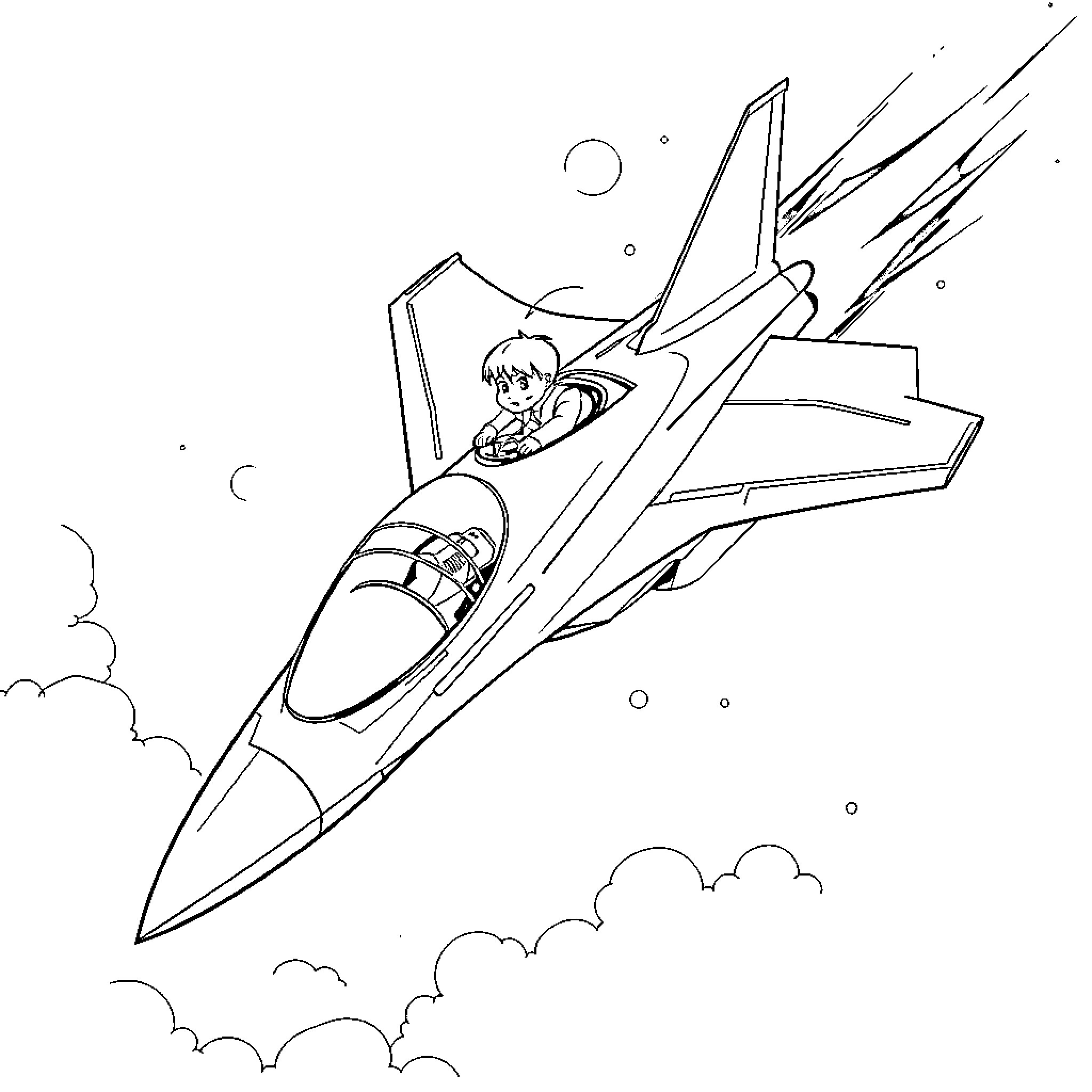 Hypersonic Jet with Pilot Soaring Through the Sky Coloring Page (free black-and-white line drawing printable PDF for all, from beginners to advanced learners, including children, teens, adults, and seniors)