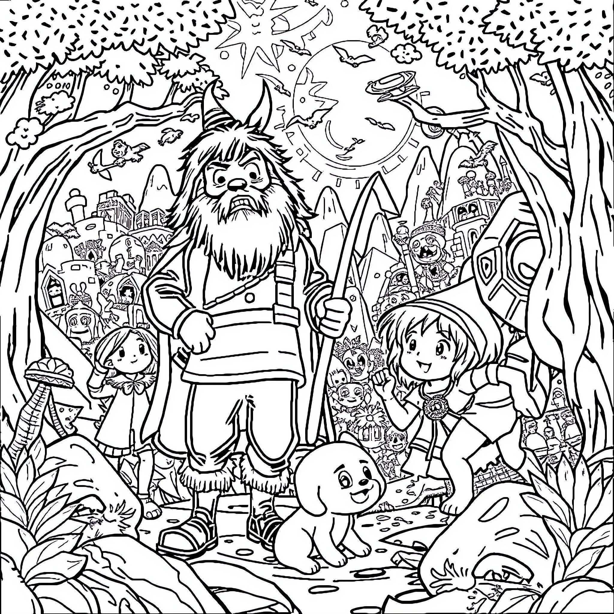 Tale of Fantastical Woodland Creatures and Companions Coloring Page (free black-and-white line drawing printable PDF for all, from beginners to advanced learners, including children, teens, adults, and seniors)
