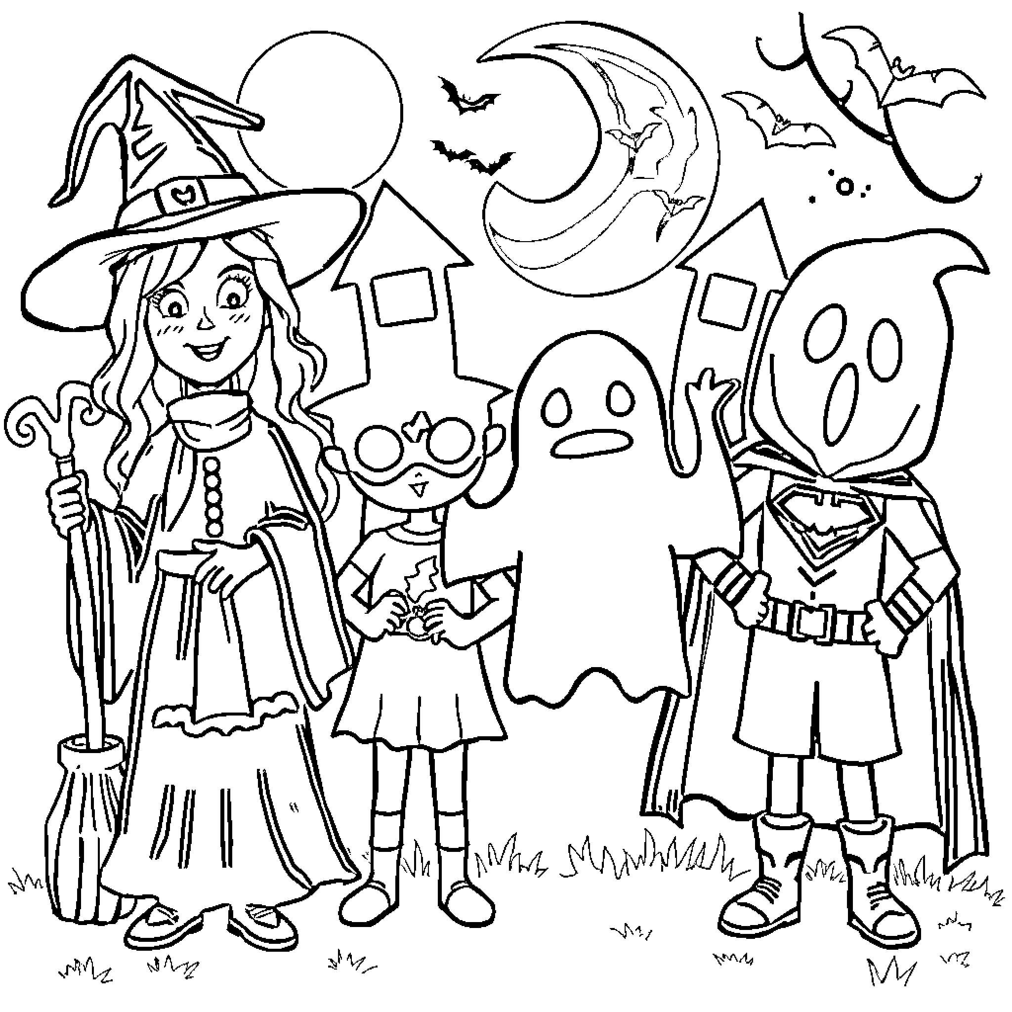 Halloween costumes and spooky decorations Coloring Page (free black-and-white line drawing printable PDF for all, from beginners to advanced learners, including children, teens, adults, and seniors)