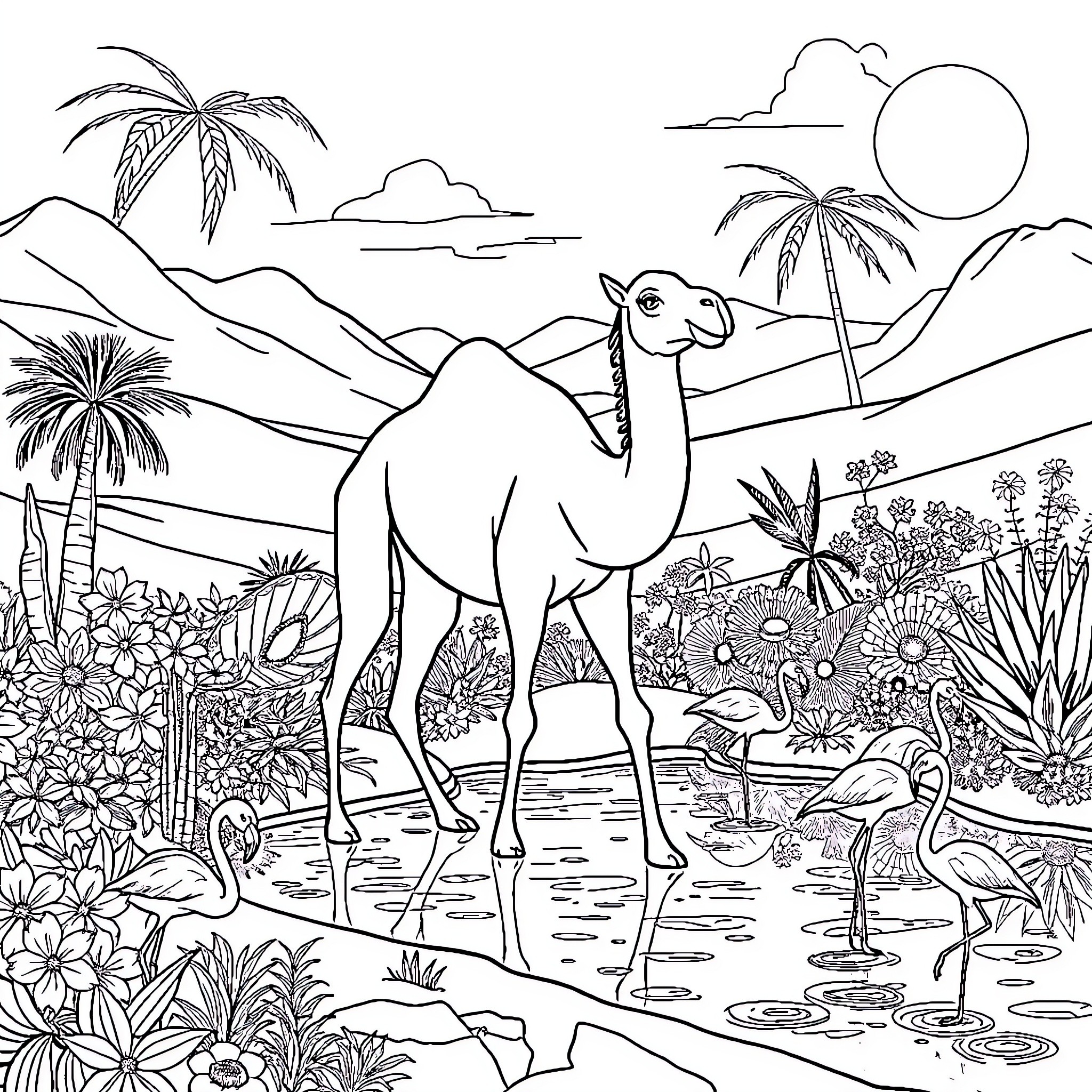Camel roaming in lush tropical landscape Coloring Page (free black-and-white line drawing printable PDF for all, from beginners to advanced learners, including children, teens, adults, and seniors)