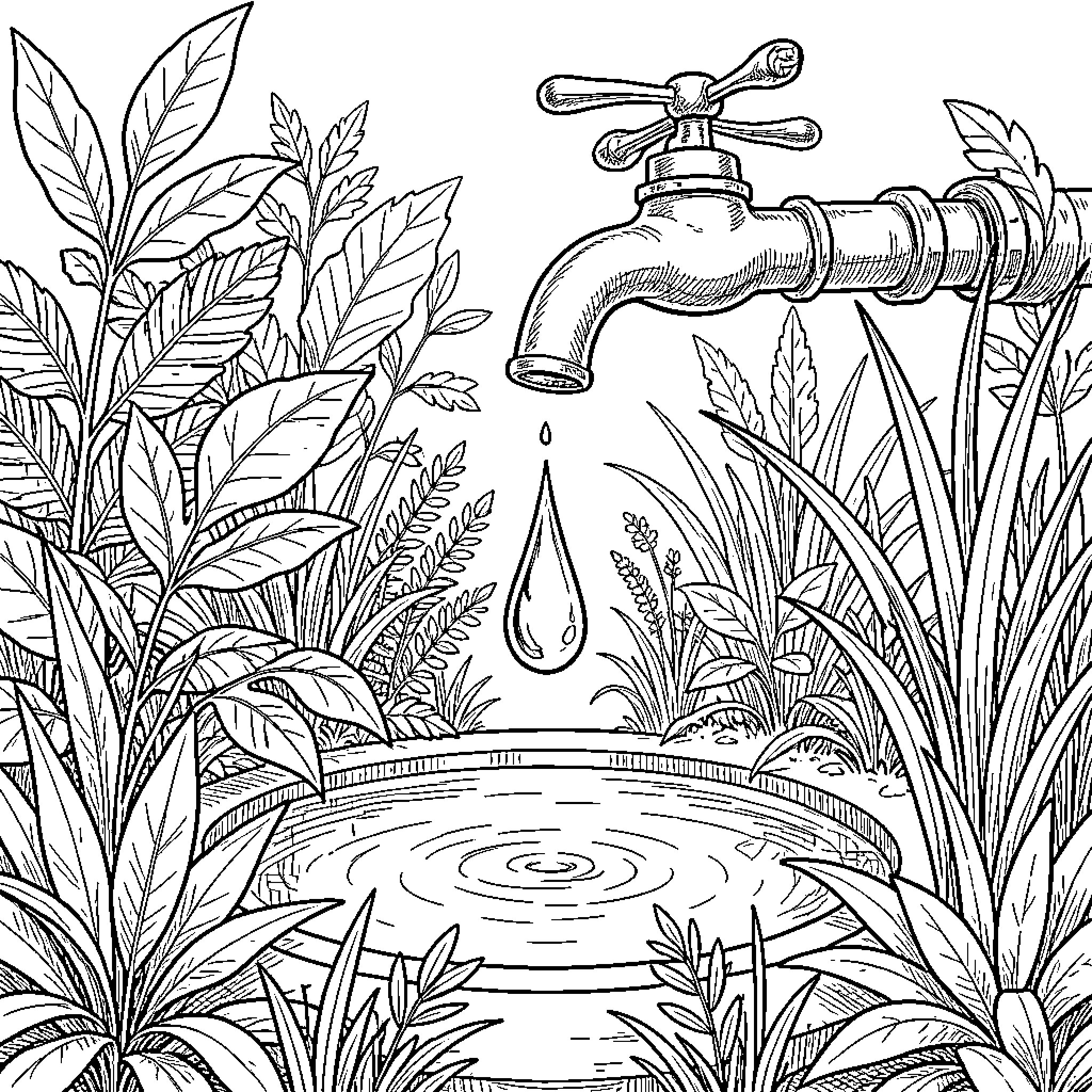 Drop of water falling from a garden tap Coloring Page (free black-and-white line drawing printable PDF for all, from beginners to advanced learners, including children, teens, adults, and seniors)
