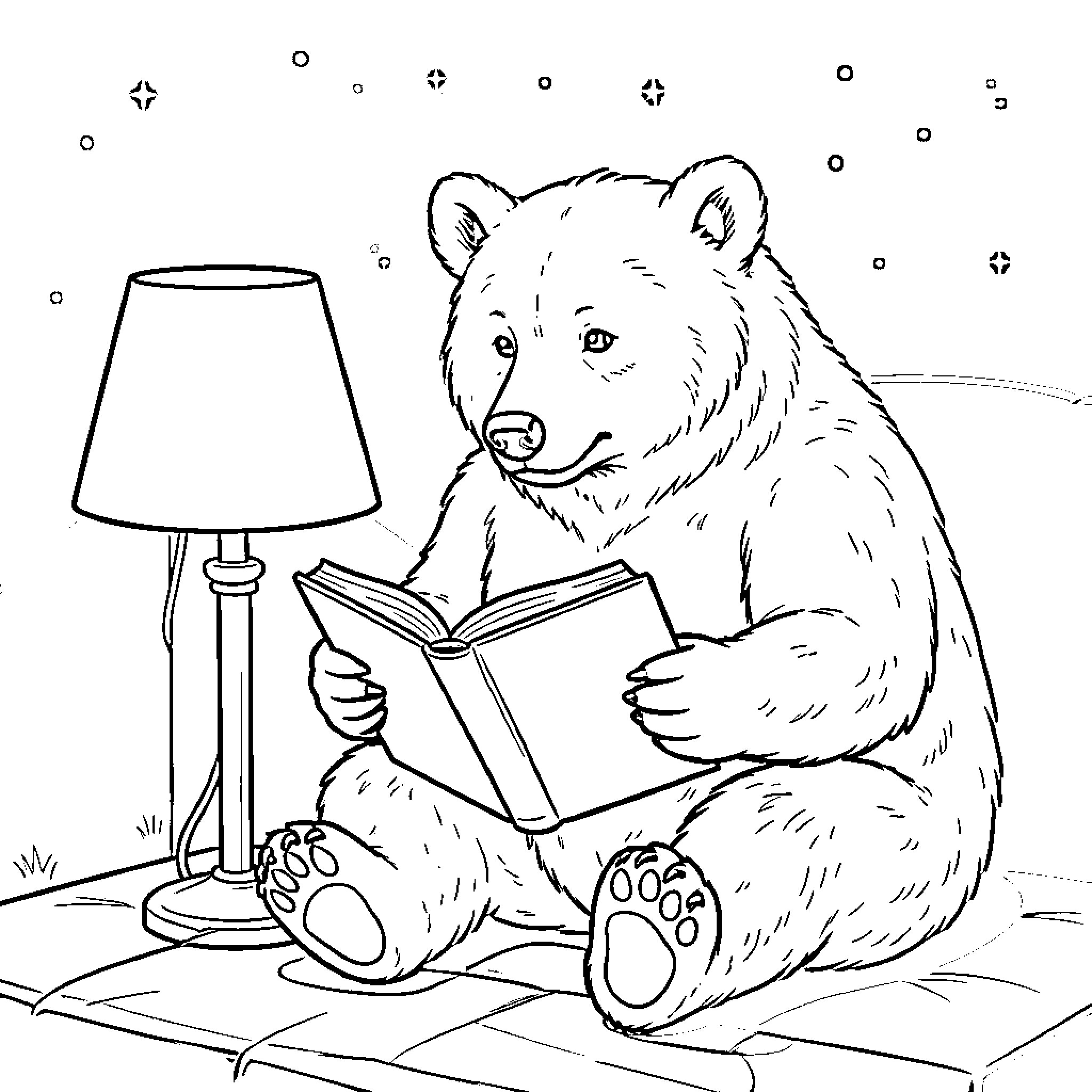 Bear reading a book by the lamp Coloring Page (free black-and-white line drawing printable PDF for all, from beginners to advanced learners, including children, teens, adults, and seniors)