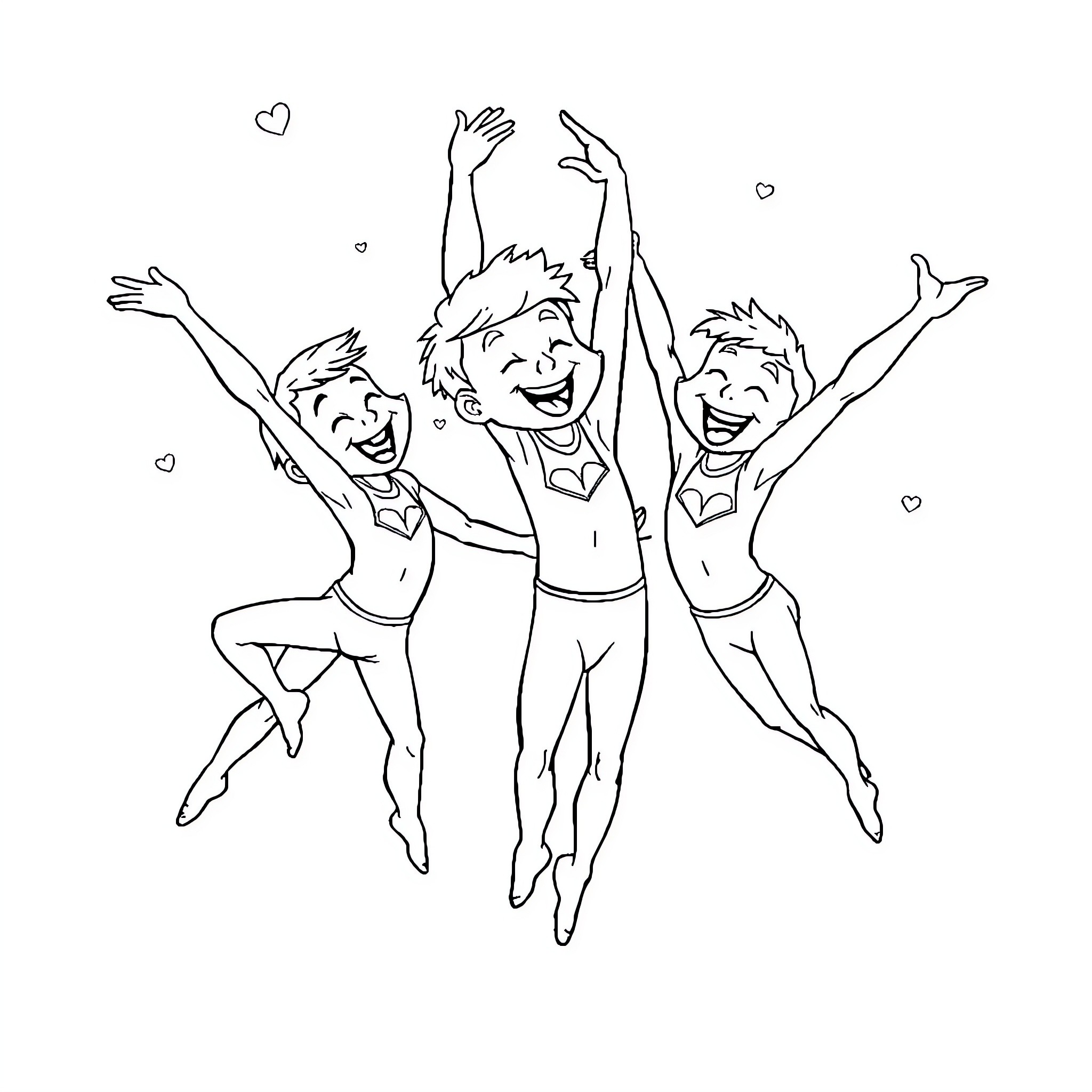 Acrobatic performers joyfully leaping and expressing delight Coloring Page (free black-and-white line drawing printable PDF for all, from beginners to advanced learners, including children, teens, adults, and seniors)
