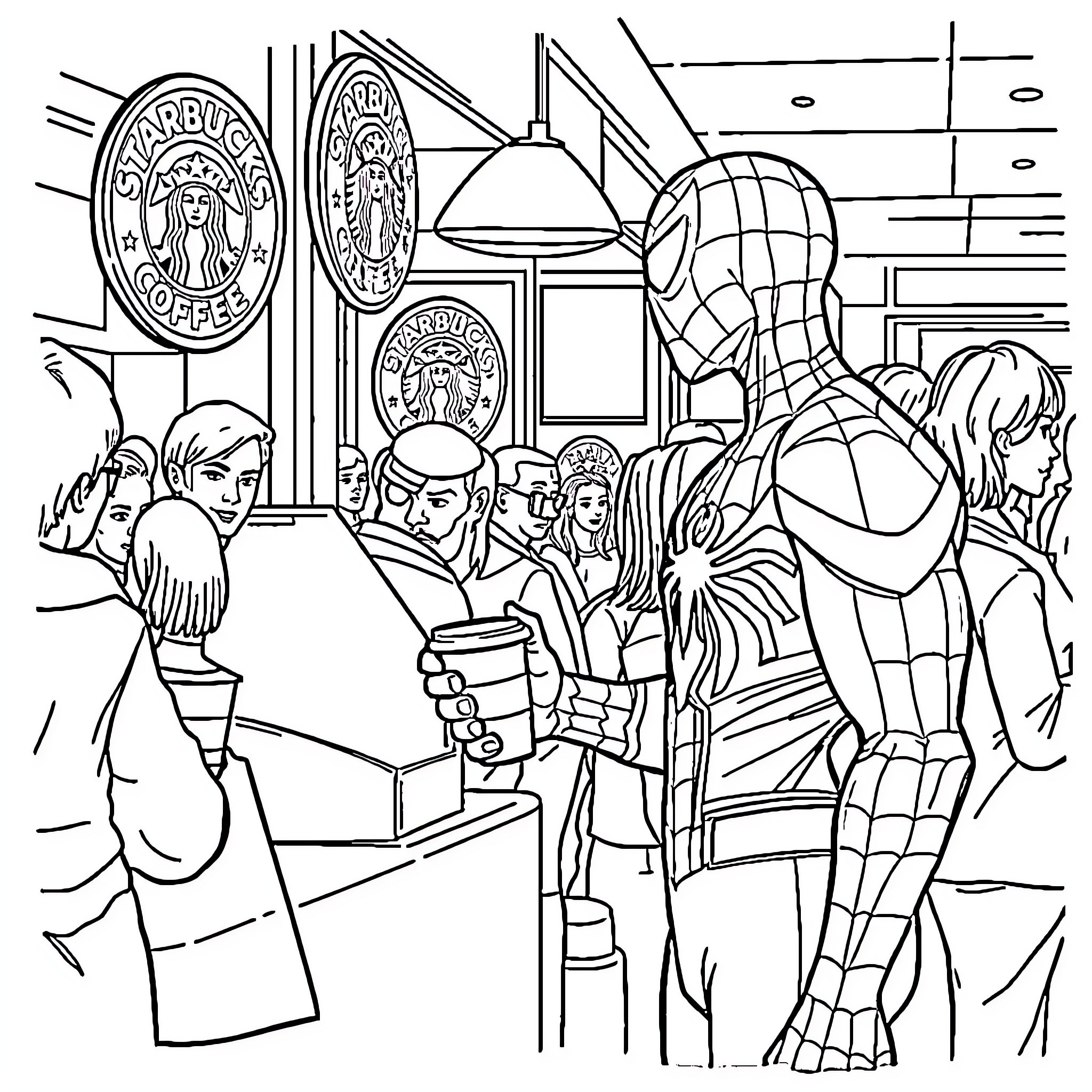 Spiderman in a Starbucks coffee shop Coloring Page (free black-and-white line drawing printable PDF for all, from beginners to advanced learners, including children, teens, adults, and seniors)