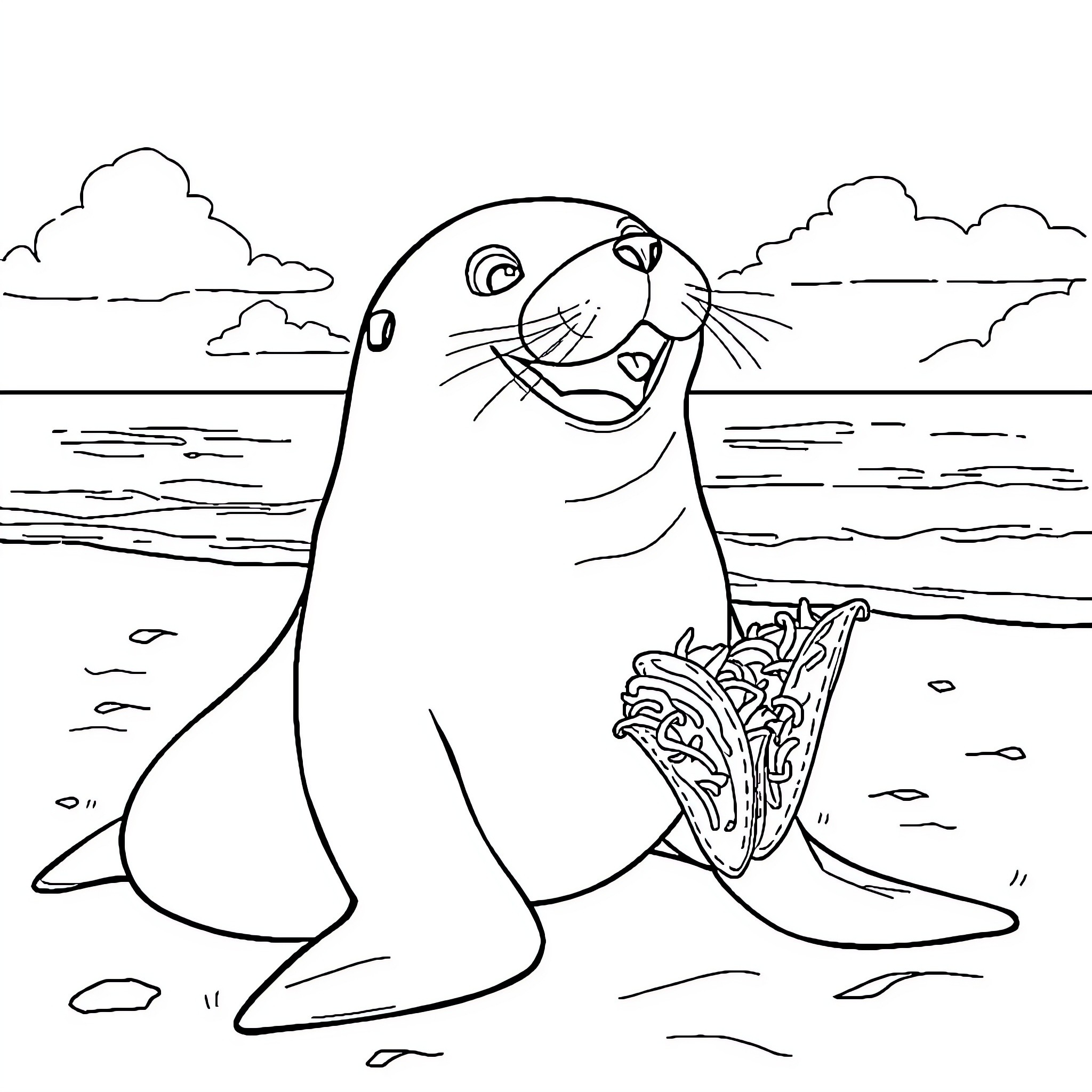 Sealion happily playing by the sea Coloring Page (free black-and-white line drawing printable PDF for all, from beginners to advanced learners, including children, teens, adults, and seniors)