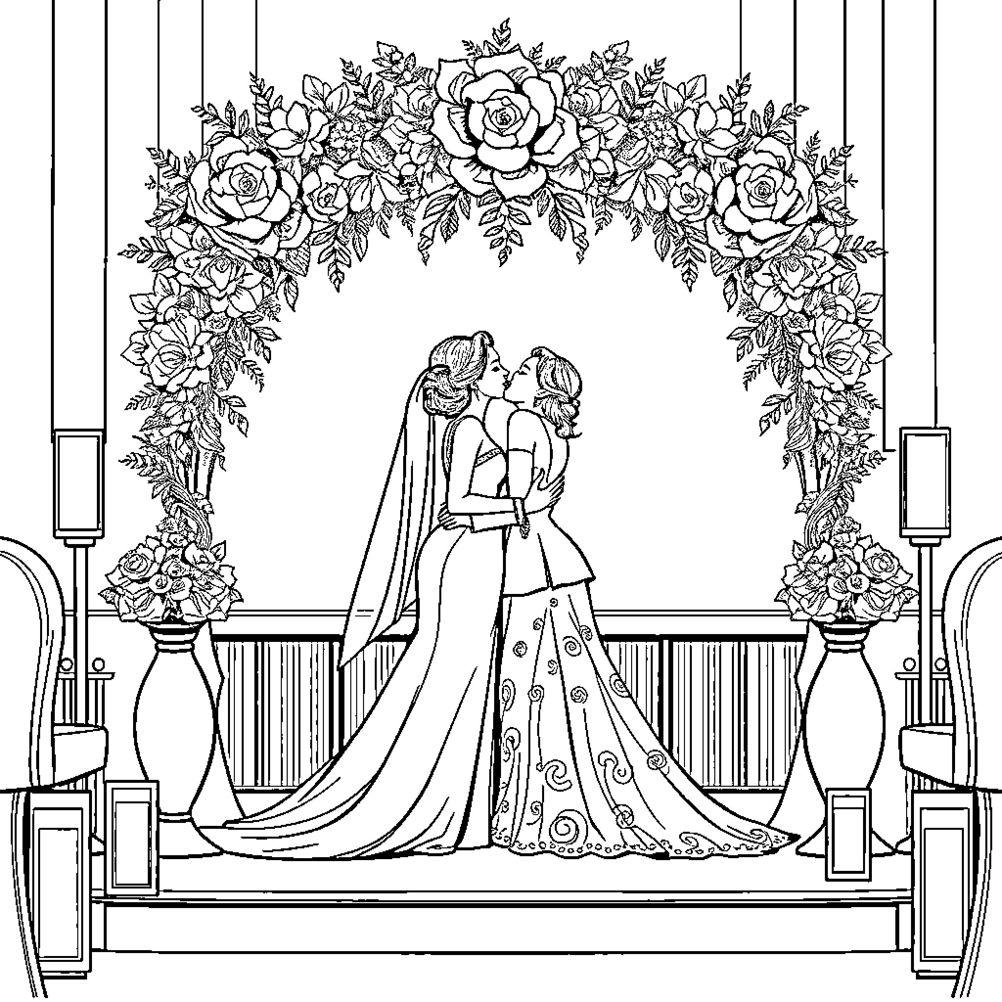 Woman in elegant wedding dress under floral arch Coloring Page (free black-and-white line drawing printable PDF for all, from beginners to advanced learners, including children, teens, adults, and seniors)