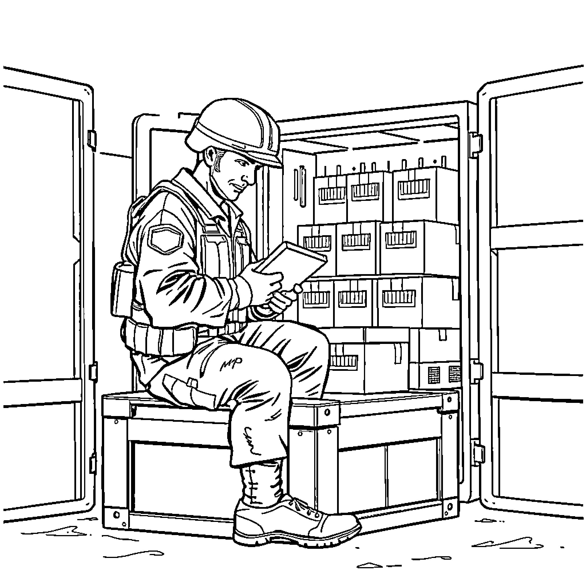 Soldier taking inventory in storage warehouse Coloring Page (free black-and-white line drawing printable PDF for all, from beginners to advanced learners, including children, teens, adults, and seniors)