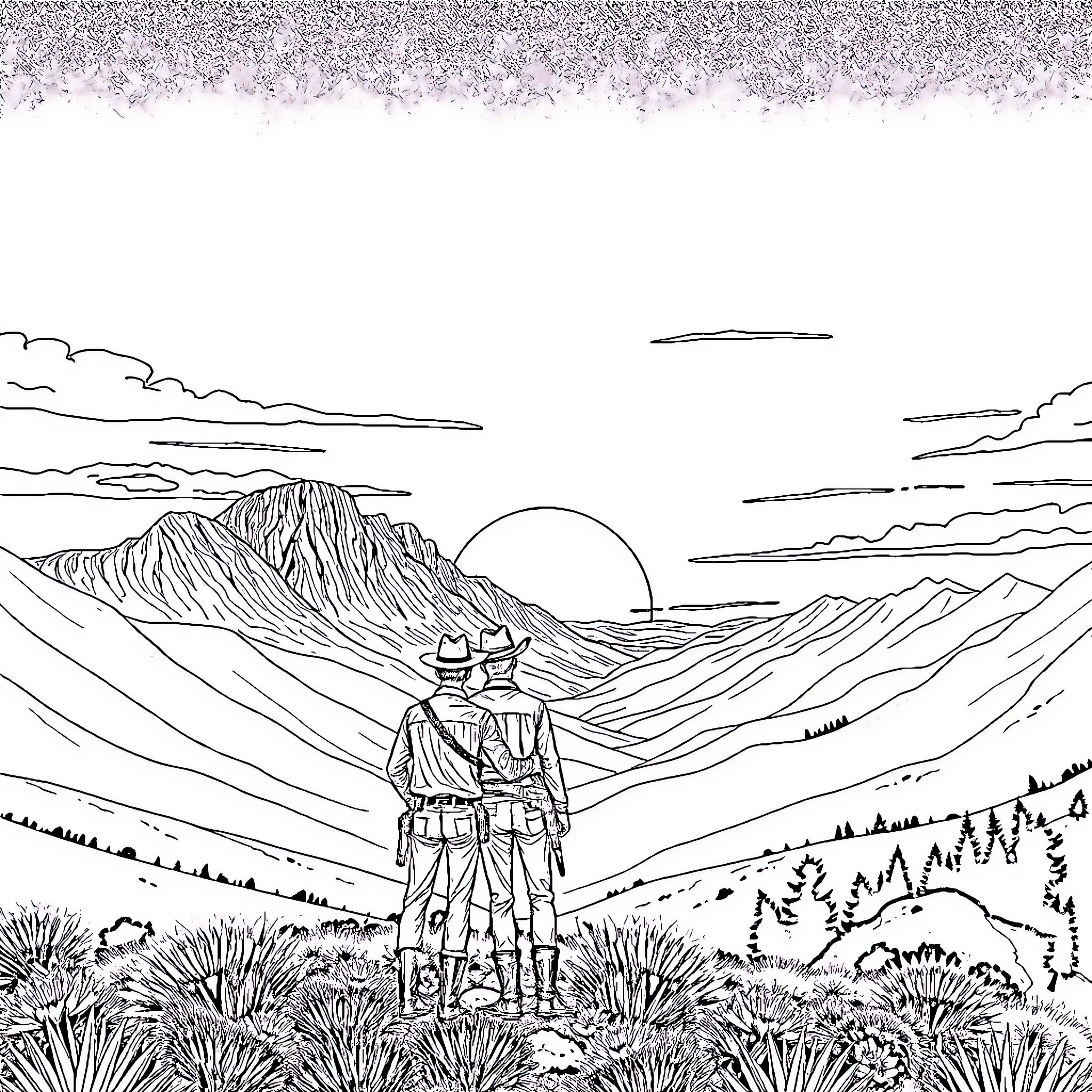 Mountain explorers admiring scenic landscape Coloring Page (free black-and-white line drawing printable PDF for all, from beginners to advanced learners, including children, teens, adults, and seniors)