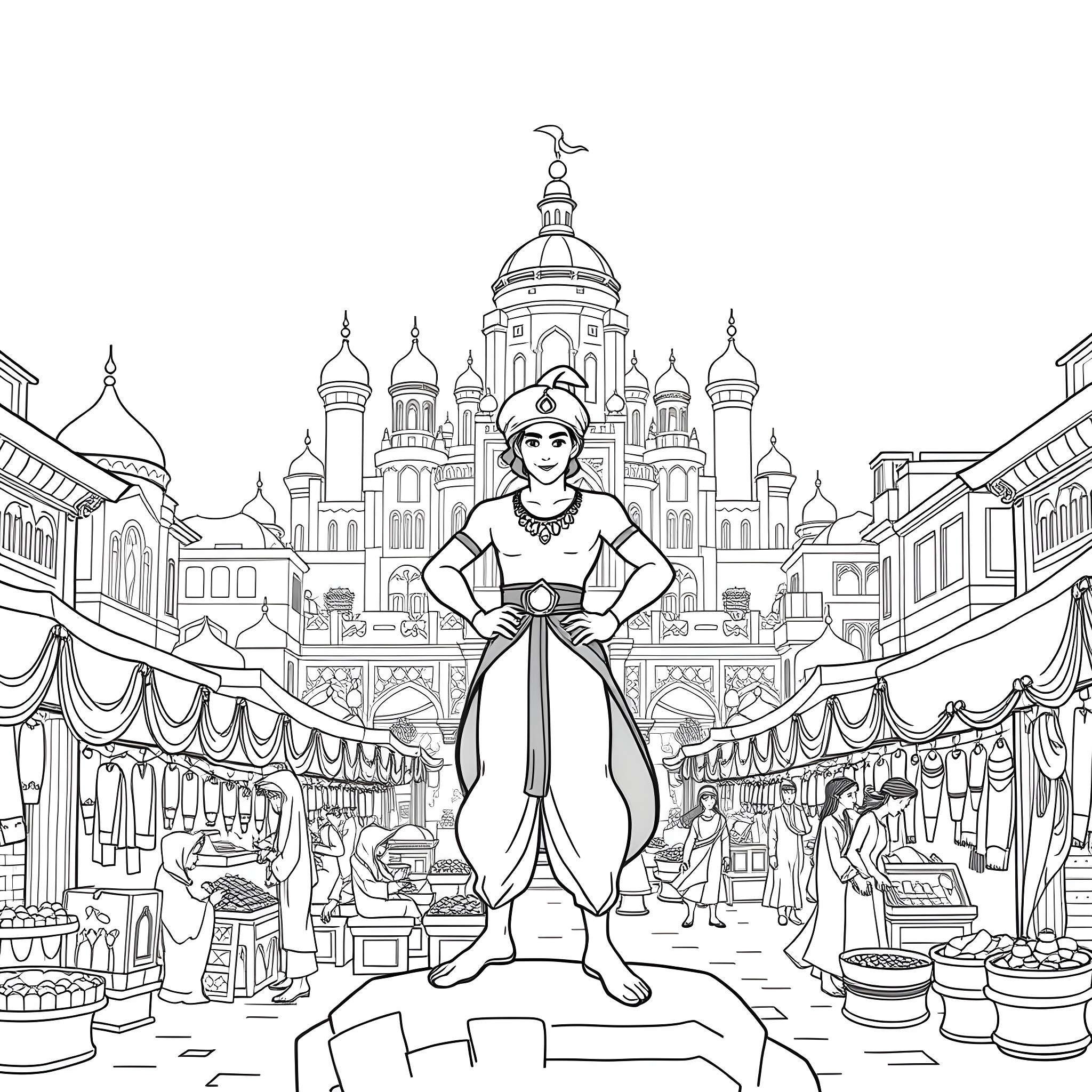 Aladdin exploring the vibrant marketplace of Agrabah Coloring Page (free black-and-white line drawing printable PDF for all, from beginners to advanced learners, including children, teens, adults, and seniors)