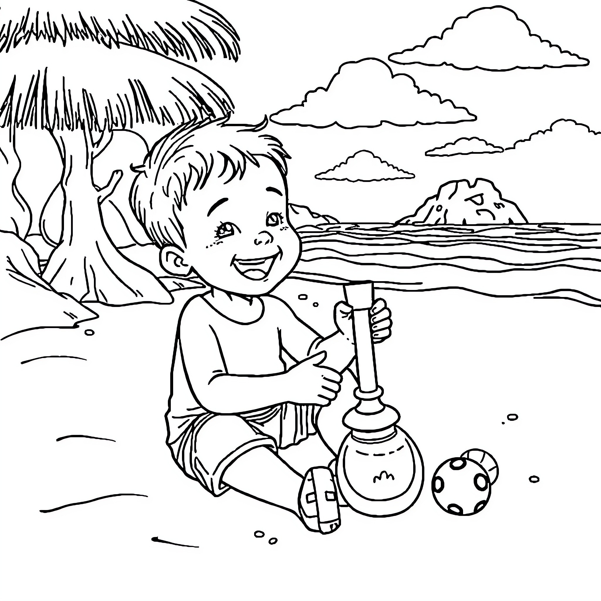 Boy playing happily with toys on the beach Coloring Page (free black-and-white line drawing printable PDF for all, from beginners to advanced learners, including children, teens, adults, and seniors)