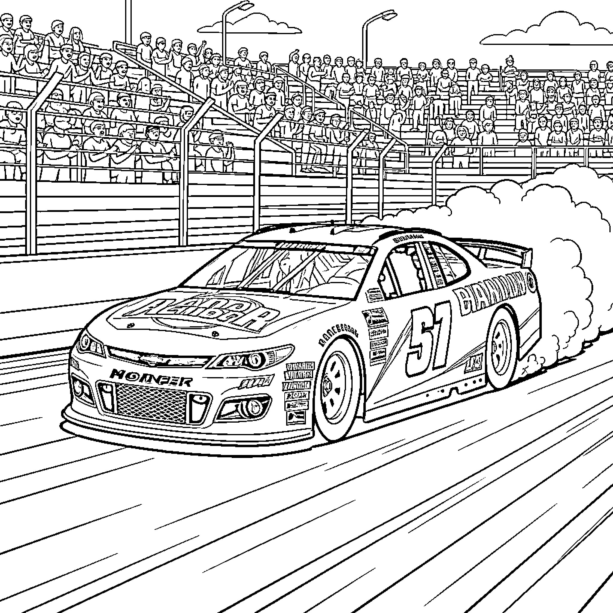 Nascar race with speeding car and cheering crowd Coloring Page (free black-and-white line drawing printable PDF for all, from beginners to advanced learners, including children, teens, adults, and seniors)