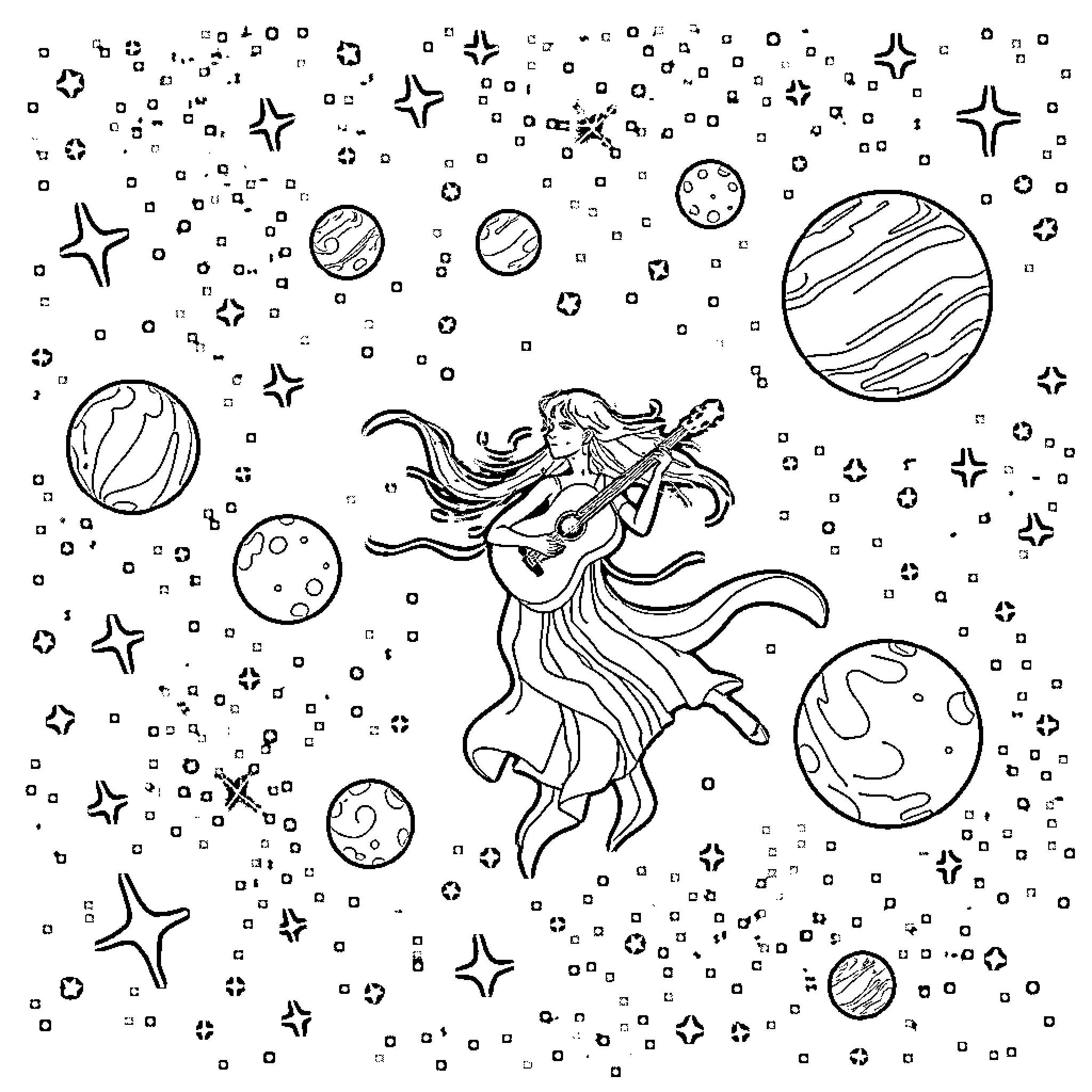 Musician playing guitar in cosmic space Coloring Page (free black-and-white line drawing printable PDF for all, from beginners to advanced learners, including children, teens, adults, and seniors)