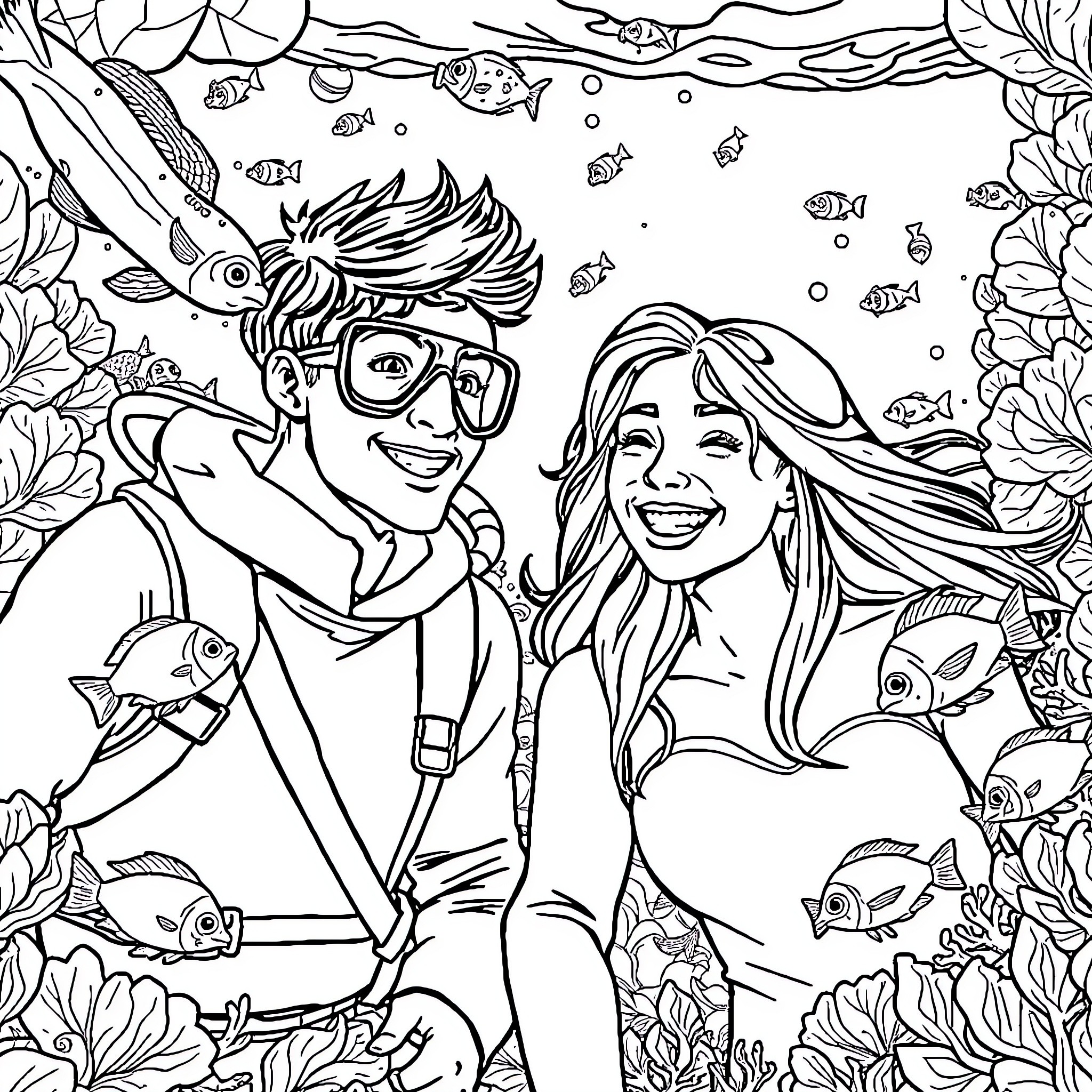 Couple exploring underwater scene together Coloring Page (free black-and-white line drawing printable PDF for all, from beginners to advanced learners, including children, teens, adults, and seniors)