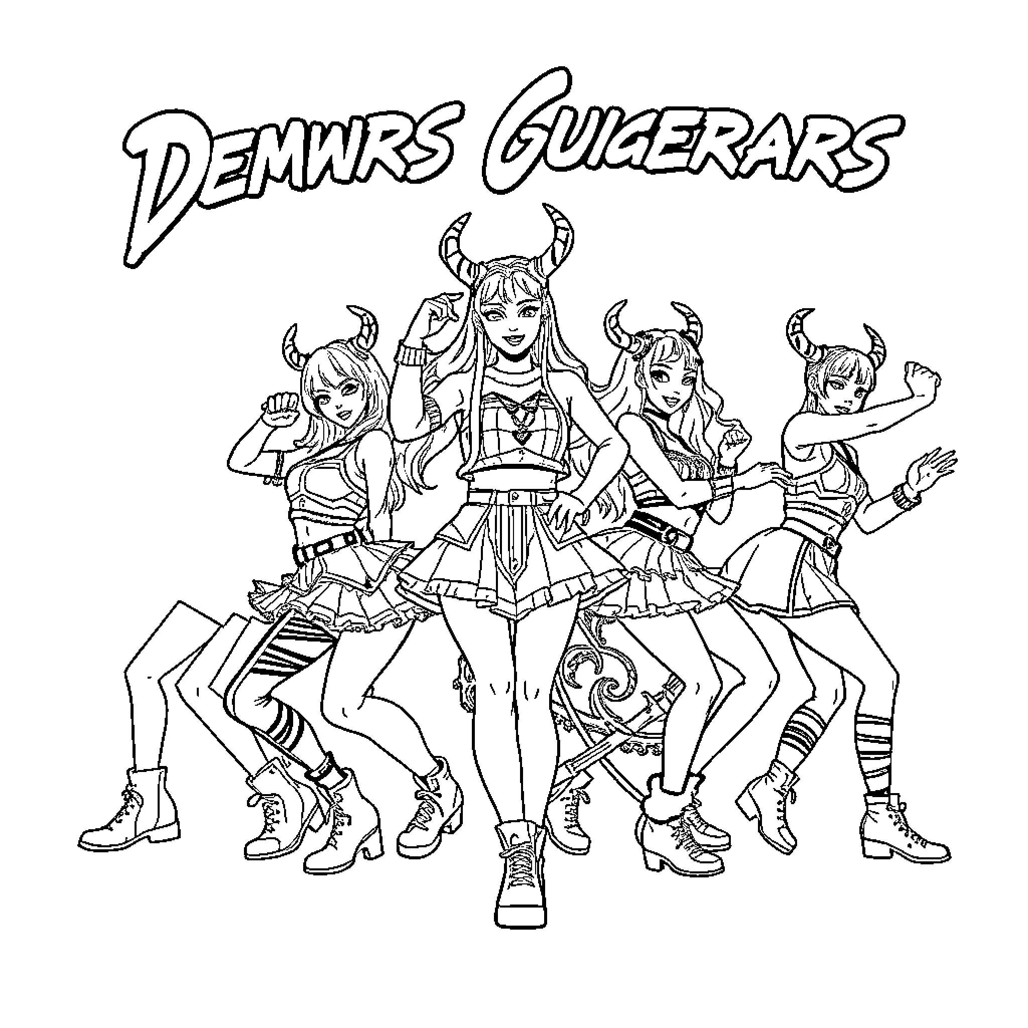 Demon Gugerars Performing Choreography Coloring Page (free black-and-white line drawing printable PDF for all, from beginners to advanced learners, including children, teens, adults, and seniors)